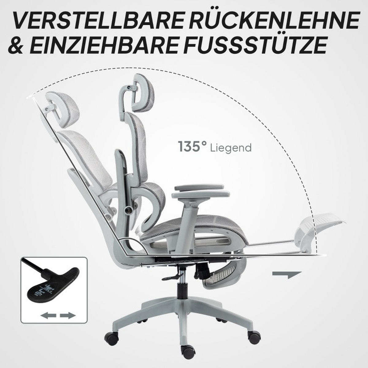 KANCELÁŘSKÁ židle 66/64/114-122 cm šedá z polyesteru s nastavitelnou opěrkou hlavy a podnožkou - šedá, plast (64/122/66cm) - OKWISH