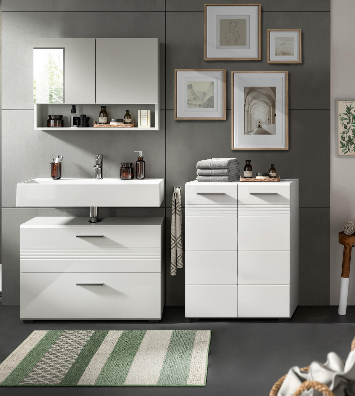 BADMÖBEL-SET 2-teilig weiß Hochglanz, grau 80 cm, Komplettset mit Soft-Close - Weiß Hochglanz/Grau, Glas/Holzwerkstoff (80/190/32cm) - Inn.Furn