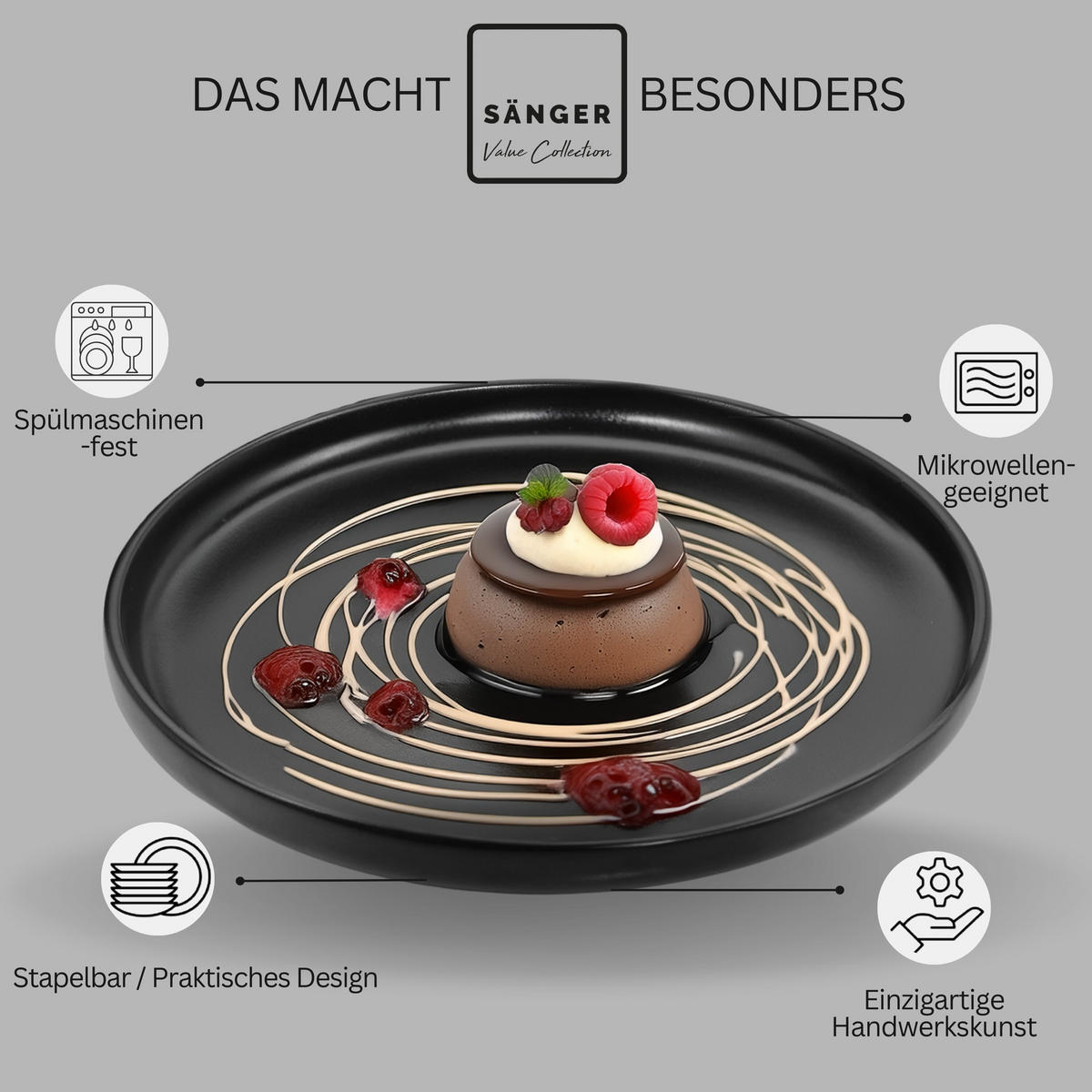 DESSERTTELLER SET MADEIRA - 6 teilig aus Steingut - Schwarz, Keramik (20cm) - Sänger