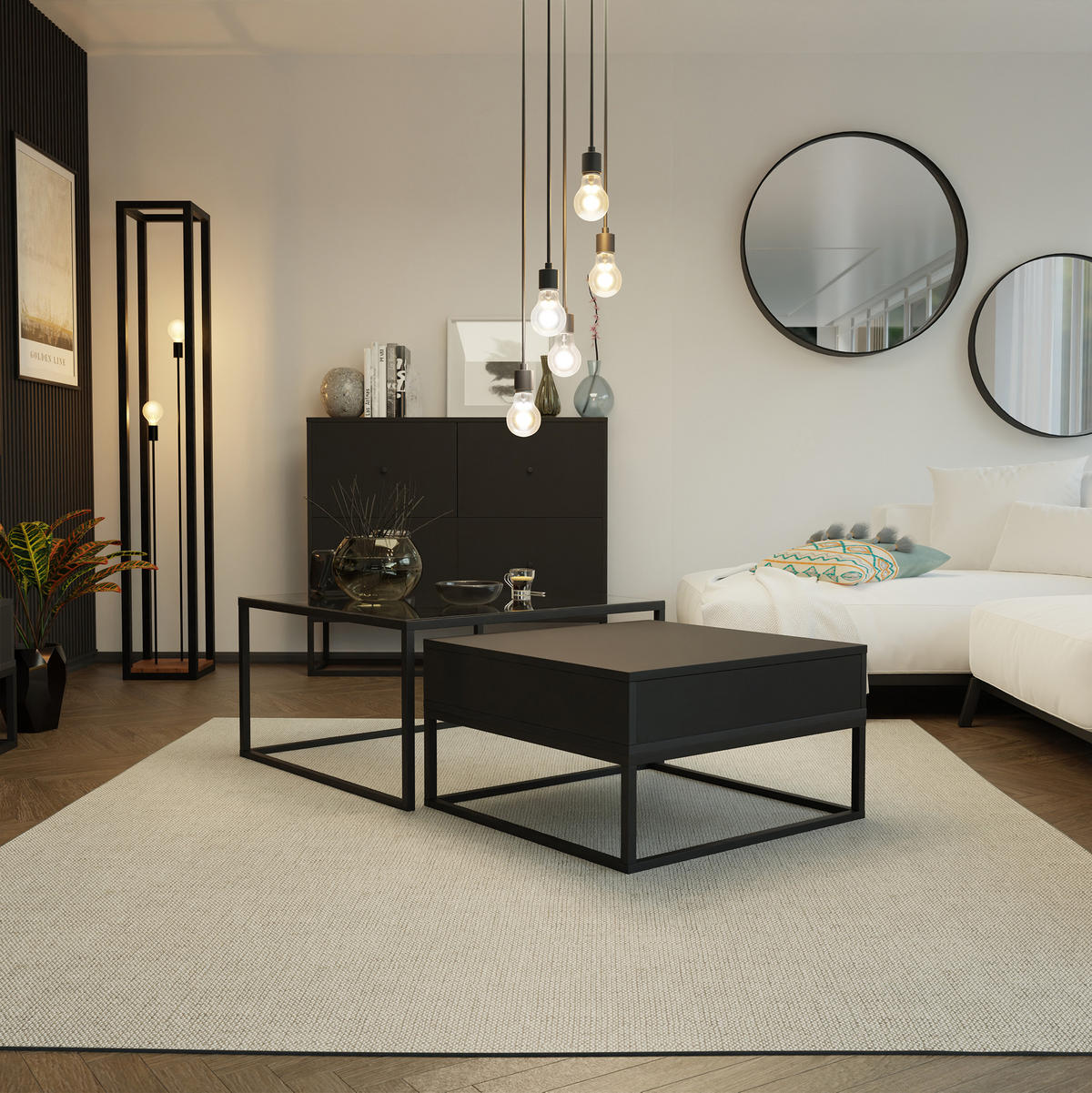 COUCHTISCH quadratisch Schwarz, MDF/Glas Tischplatte, Rahmen Schwarz - Schwarz, Glas/Holzwerkstoff (70/70/42cm) - Idohome