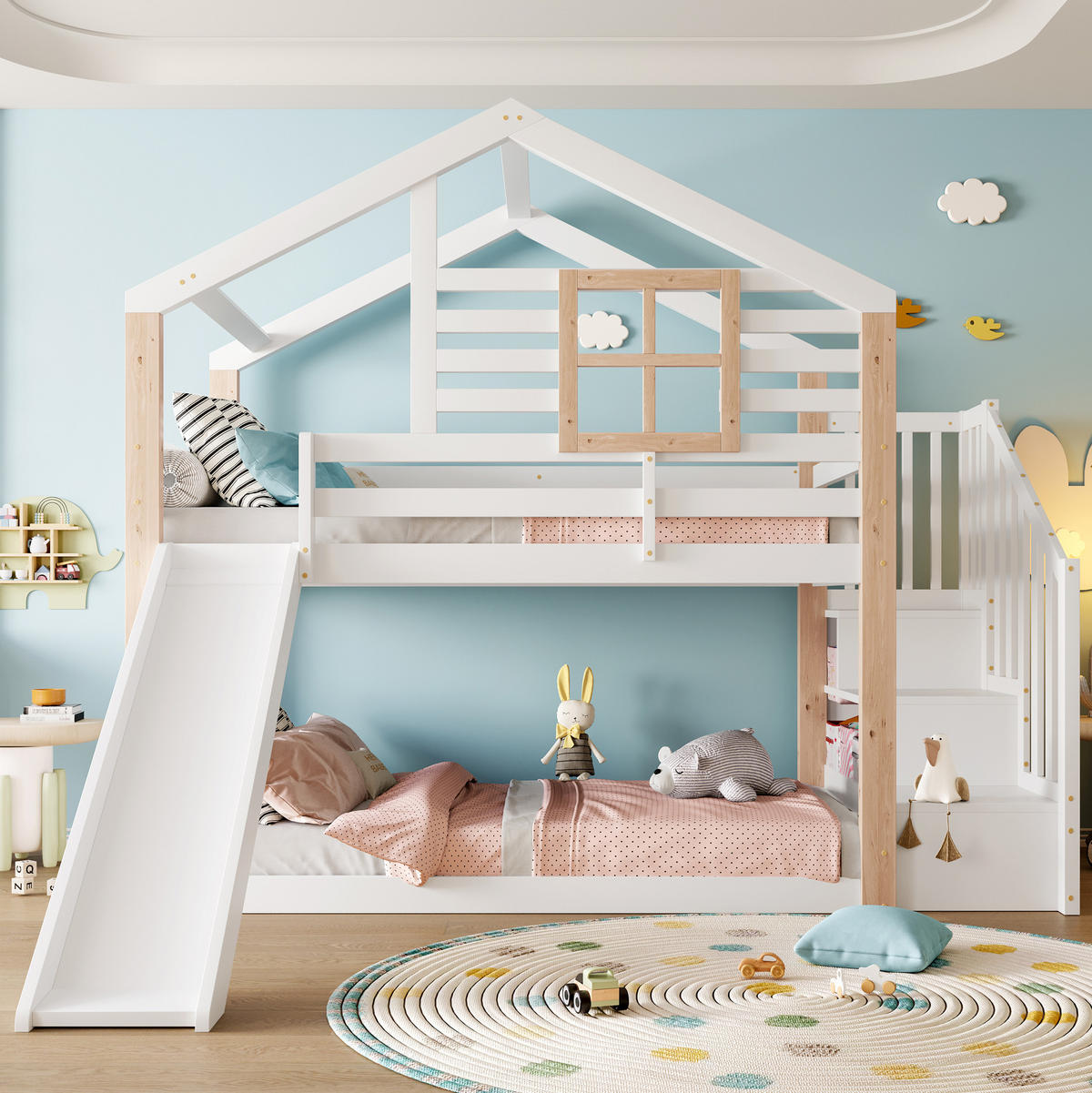 HAUSBETT 90/200 cm Weiß aus Holz mit Rutsche und Treppe mit Stauraum - Weiß, Holz (90/200cm) - Flora Grace