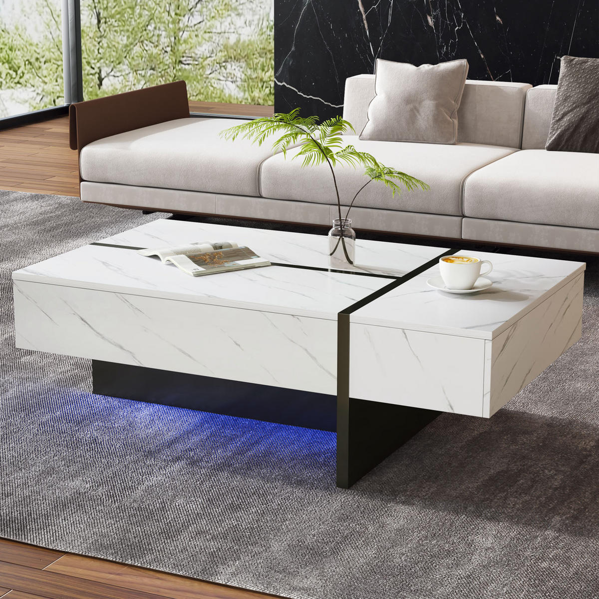 COUCHTISCH aus Spanplatte 105x60x35 cm Weiß mit 3 Schubladen, LED-Beleuchtung und Hochglanzplatte mit Marmormuster - Weiß, Holzwerkstoff (105/60/35cm) - Modfu
