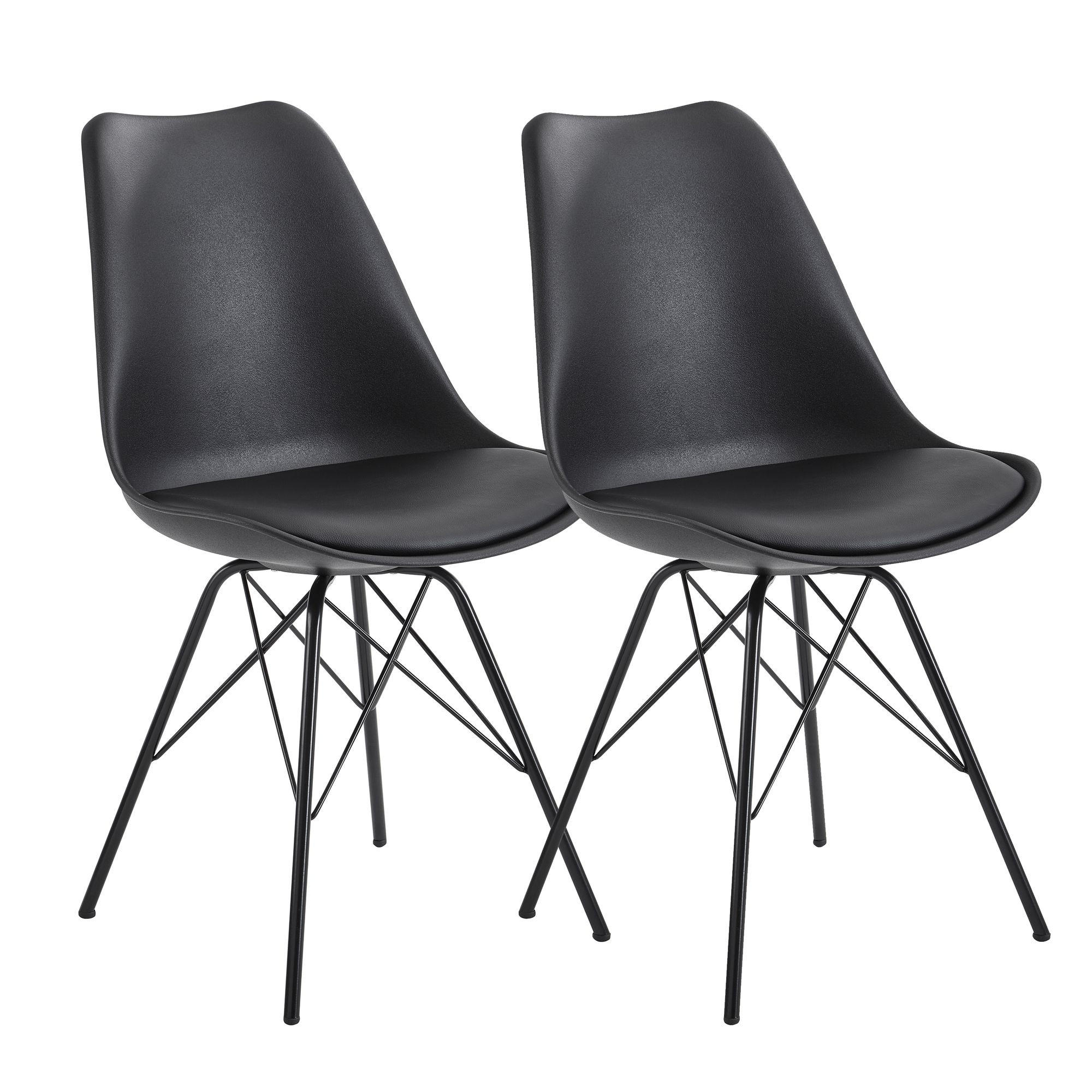 2ER Set Stühle aus Kunststoff Schwarz mit Kunstlederpolsterung und Metallbeinen - Schwarz, Kunststoff/Textil (48/86/58cm) - KADIMA DESIGN