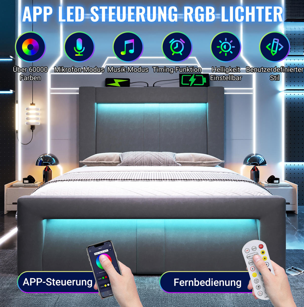 POLSTERBETT 90/200 cm Grau aus Samt mit Stauraum und LED-Beleuchtung - Grau, Textil (90/200cm) - OKMYHOME