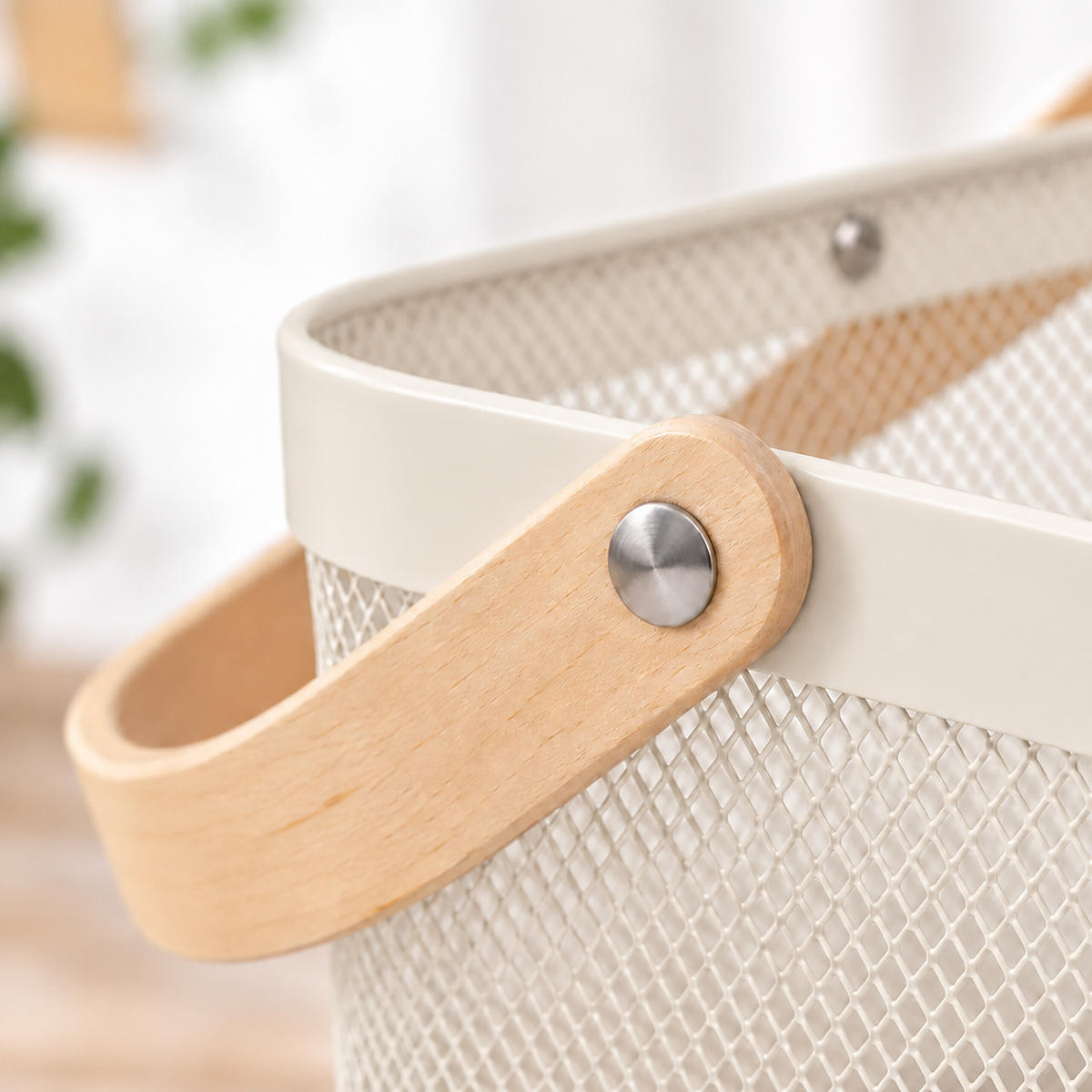 KORG Creme trådkorg med handtag 17,5x43x27 cm - Cremefärgad, Trä/Metall (43/17.5/27cm) - Relaxdays