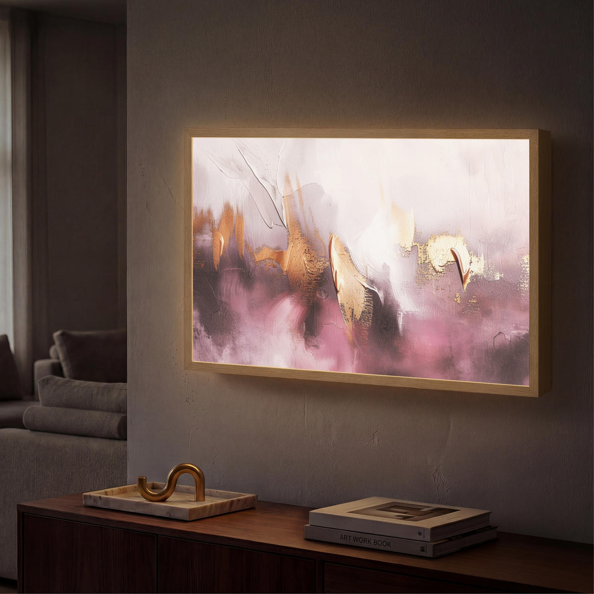 NÁSTĚNNÁ LAMPA S AKUMULÁTOREM Fialová - abstraktní - barva - zlatá 60x40 cm - světle fialová, kompozitní dřevo (60/40/8cm) - OnlyWow