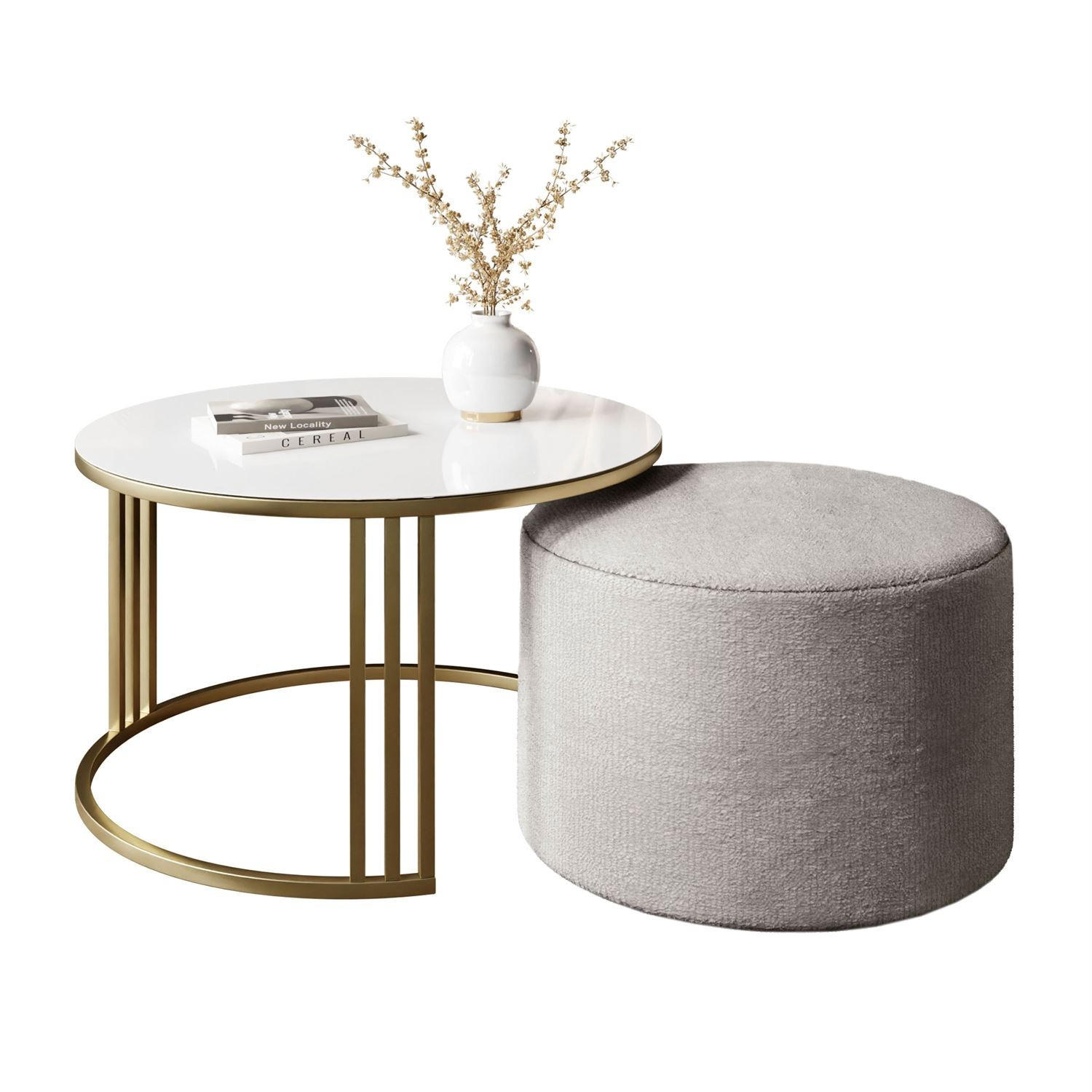 COUCHTISCH mit Hocker LORI GLASS gebürstetes Gold/weißes Glas/Perfect Harmony 82 - Weiß, Metall (70/70/49cm) - Lookway