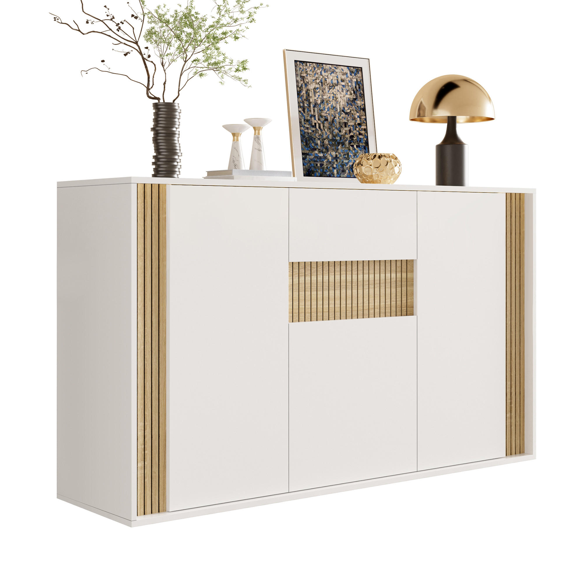SIDEBOARD 140x40x82cm Weiß mit LED und 3 Türen - Weiß/Naturfarben, Holzwerkstoff (140/82/40cm) - FLIEKS