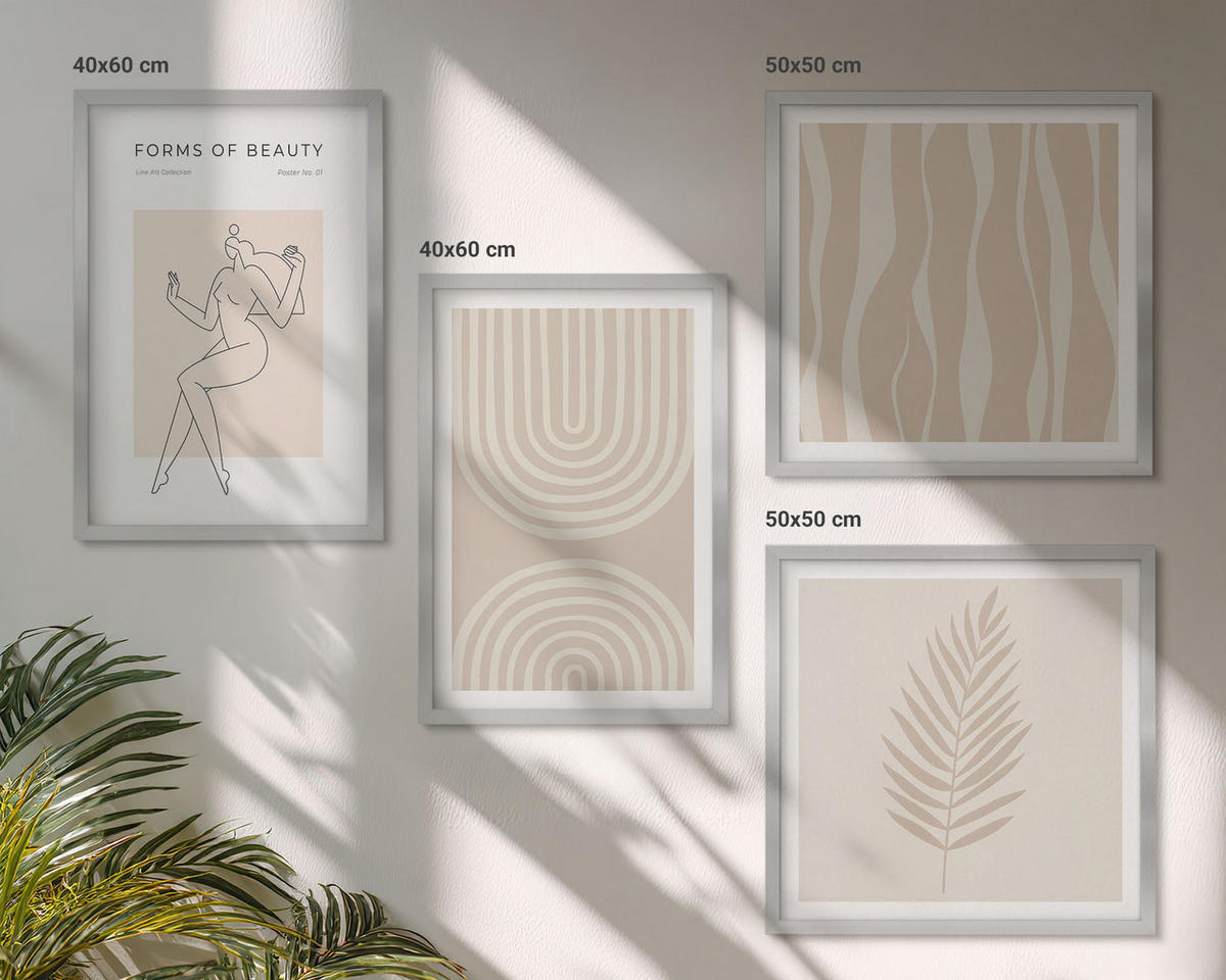 WANDBILDER 4er Set - 50x50 cm & 40x60 cm Silberner Rahmen - Abstrakte Boho-Dekorationen - Silberfarben, Kunststoff (50/50cm) - ArtPrintCave