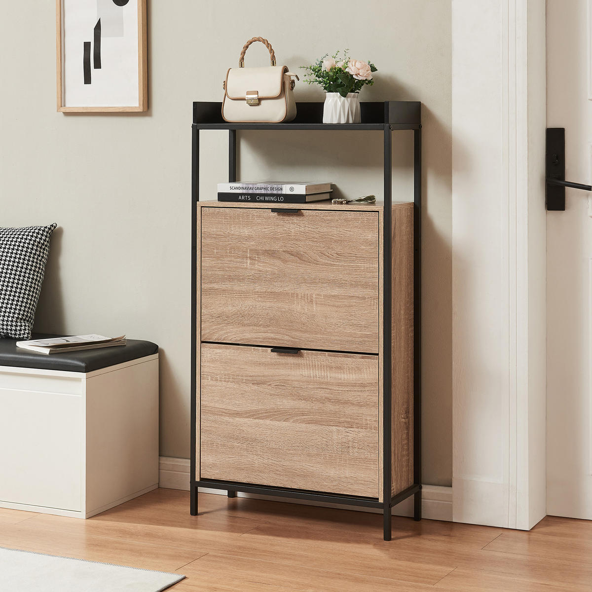 SCHUHKIPPER Belana - Eichefarben/Schwarz, Holzwerkstoff/Metall (60/115.5/23.5cm) - [en.casa]