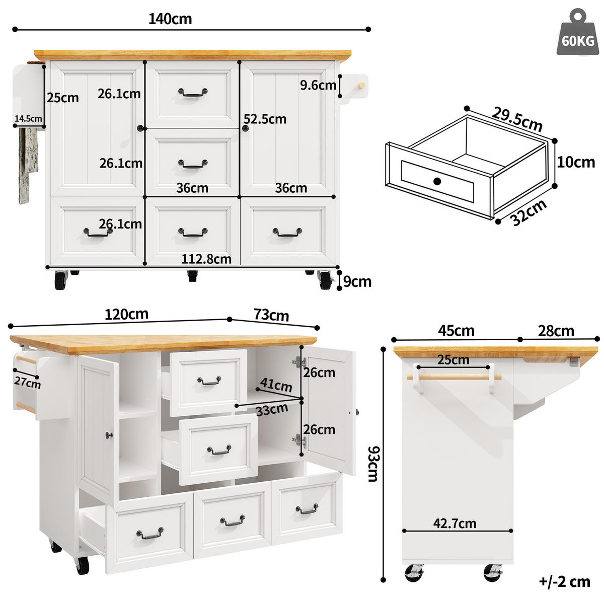 KÜCHENINSEL aus MDF mit klappbarer Tischplatte & Rollen, 120/73/45/93 cm, Weiß - Weiß, Holzwerkstoff (120/93/45cm) - Redom