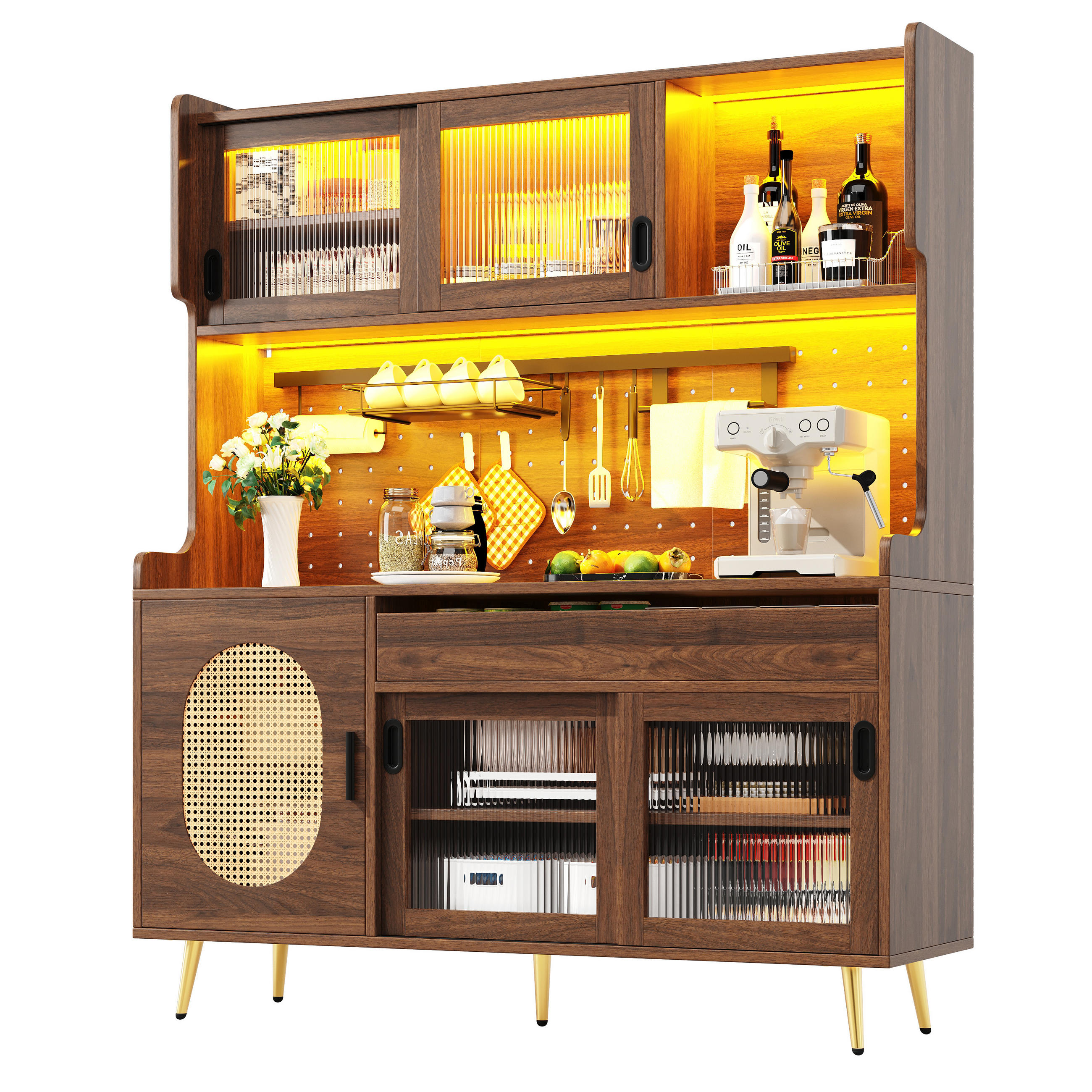 BUFFET Buffetschrank MDF LED App Steuerung Lochwand Anti-Kipp System Stauraum 145/39/171 modern - Goldfarben/Braun, Glas/Holzwerkstoff (145/171/39cm) - EVRYAE