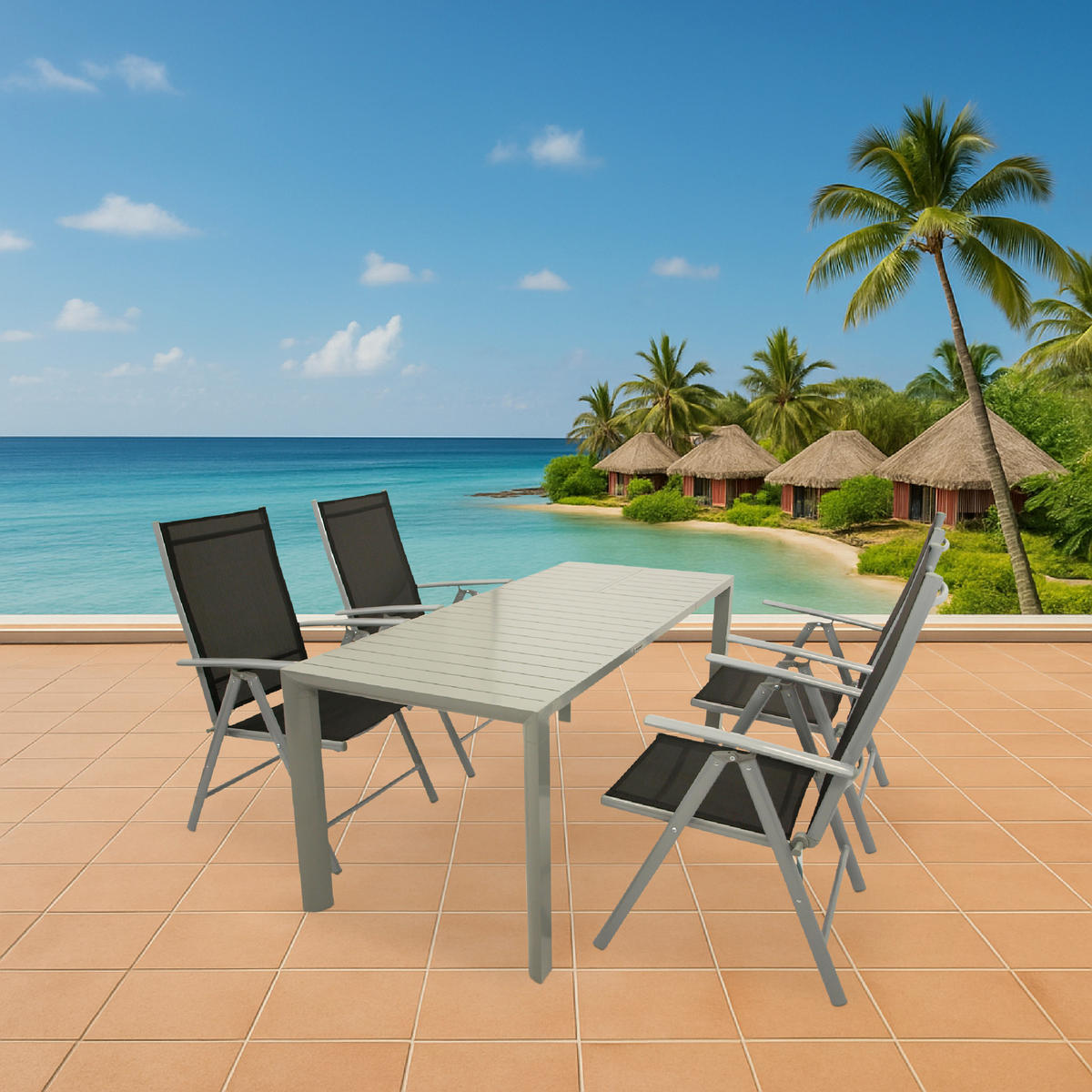 GARTEN-GARNITUR Sunderland - 5-teilige Garten-Essgruppe (4x Klappsessel mit Aluminiumgestell grau, Bespannung Textilene schwarz - Schwarz, Metall - TPFGarden