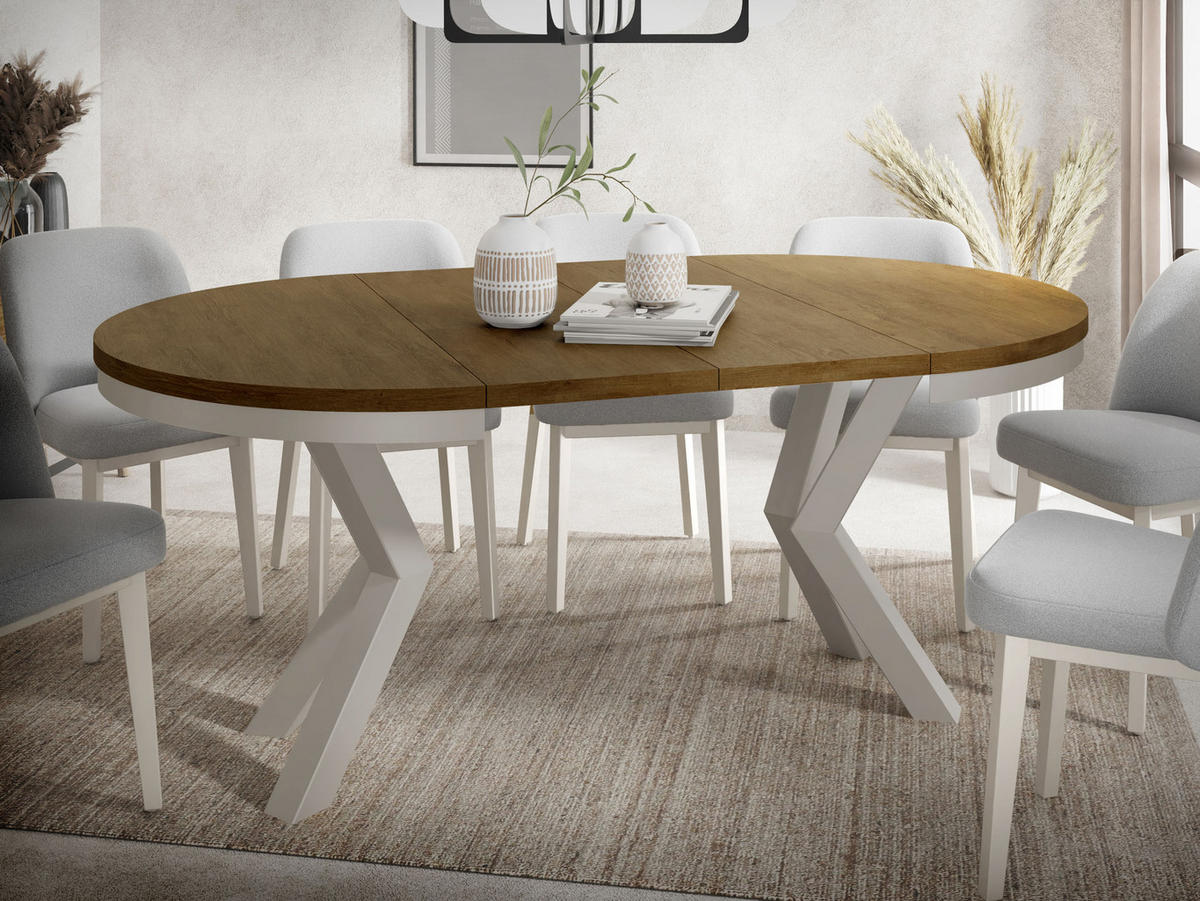 ESSTISCH Clara Grau-Beige runder ausziehbarer, Lefkas Eiche 120-200/120/76 cm - Alteiche/Grau, Holzwerkstoff/Metall (120/120/76cm) - WFL GROUP