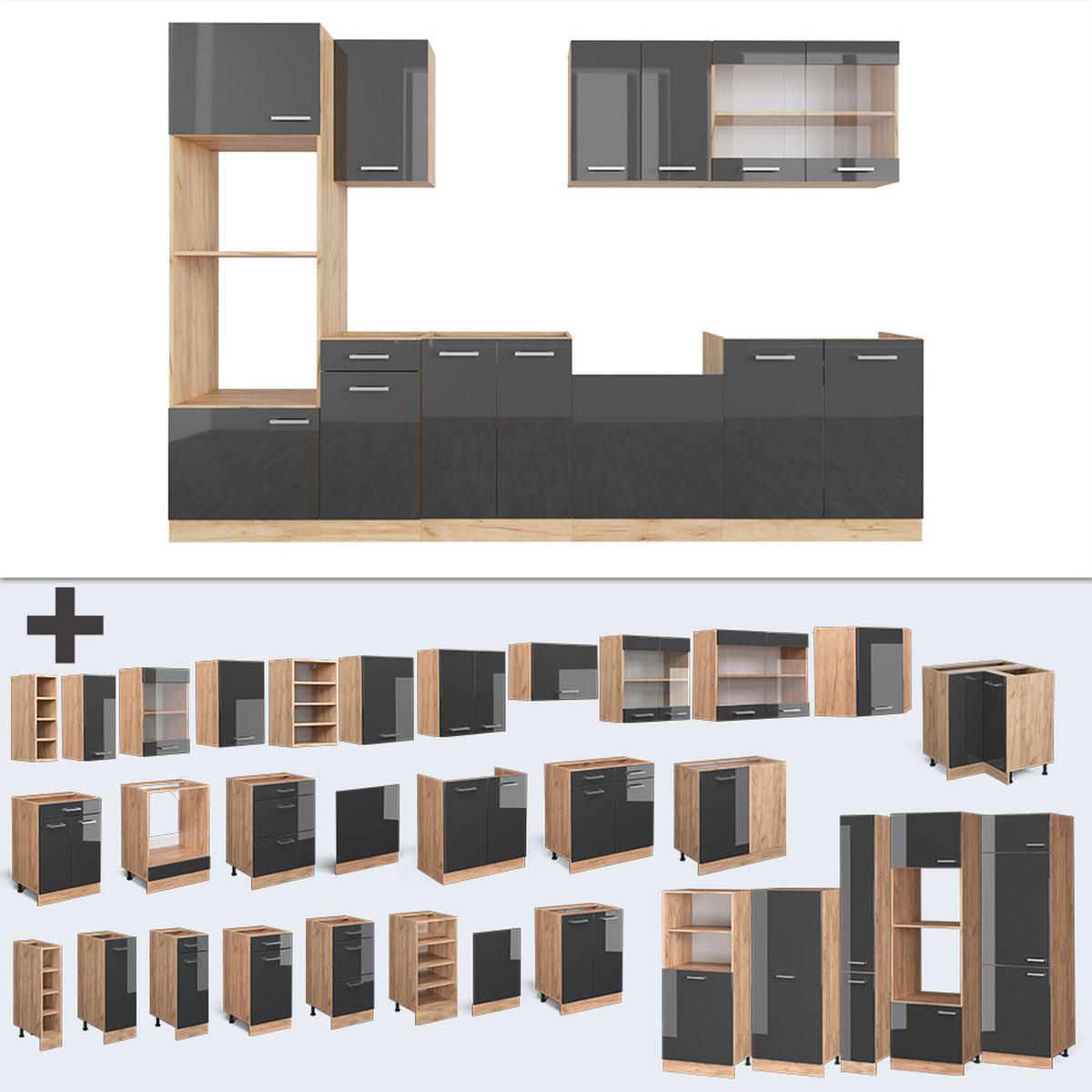 KÜCHENZEILE R-Line Anthrazit Hochglanz/Goldkraft Eiche 300 cm ohne AP - Anthrazit/Eiche Wotan, Holzwerkstoff (300/81.6/46cm) - Vicco