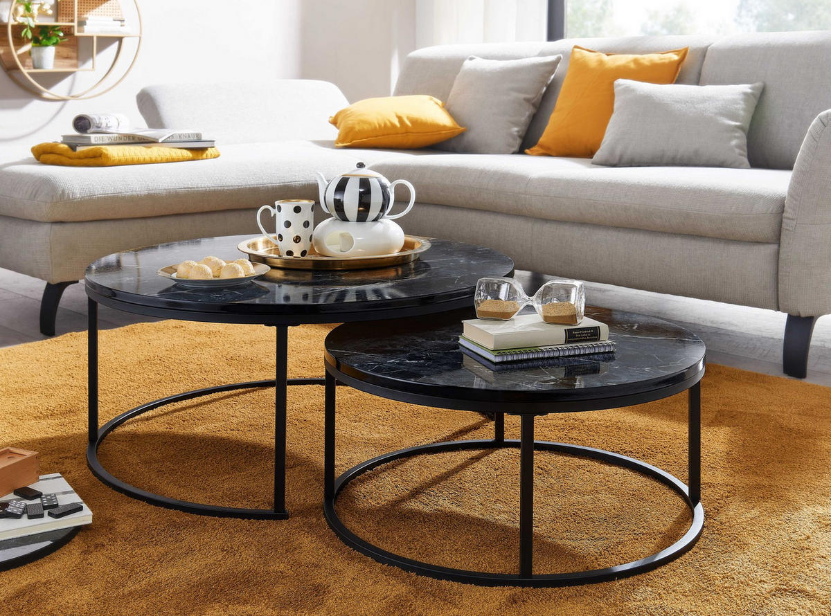 COUCHTISCH 2er Set Marmoroptik Metall Eichenholz Ineinanderschiebbar, Schwarz 80x80x36 cm - Schwarz, Holz/Metall (80/80/36cm) - KADIMA DESIGN