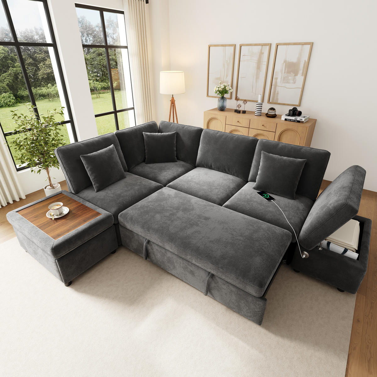 ECKSOFA mit Schlaffunktion Stauraumhocker USB/Type-C Chenille Grau - Grau, Textil (247.5/172cm) - EVRYAE