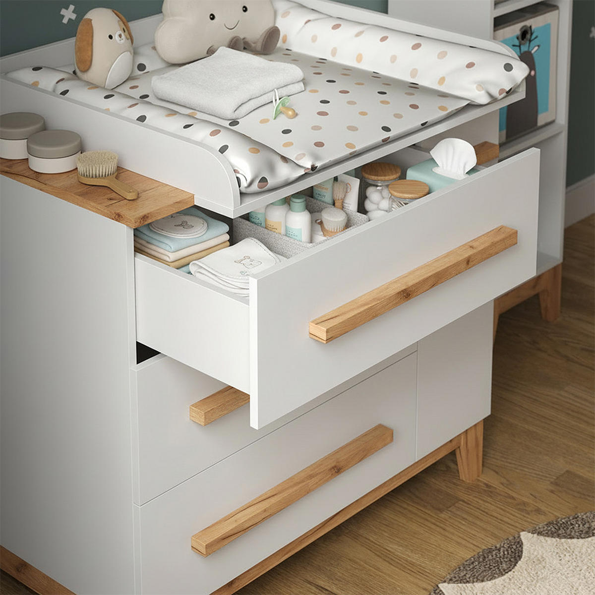 KOMODOVÝ PŘEBALOVACÍ STŮL Malia Bílá 98 x 98 cm s 1 dveřmi a 3 zásuvkami - bílá/světle šedá, kompozitní dřevo (98/98/52cm) - VitaliSpa