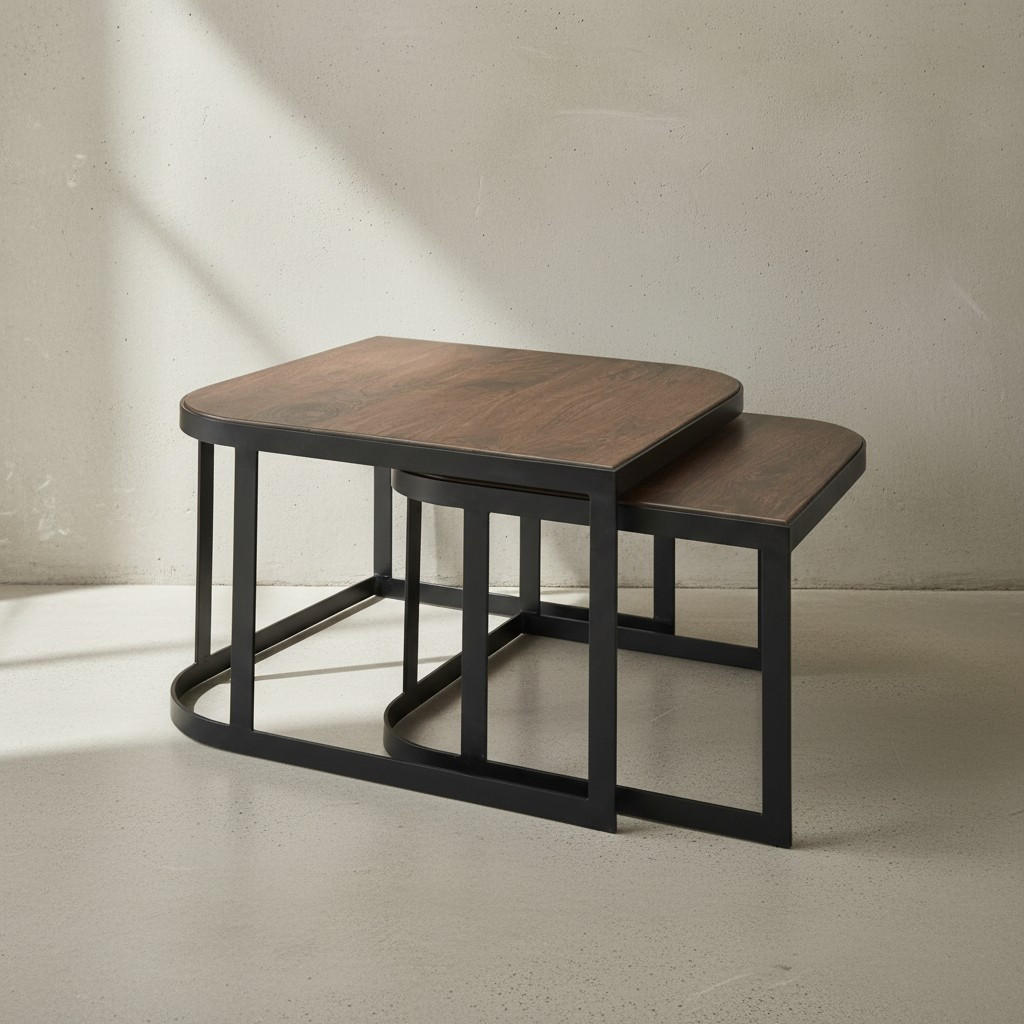 BEISTELLTISCH 2er Set Mango Massivholz Eisen Abgerundete Ecken TIMAVO, Schwarz - Schwarz, Holz/Metall (60/60/40cm) - KADIMA DESIGN