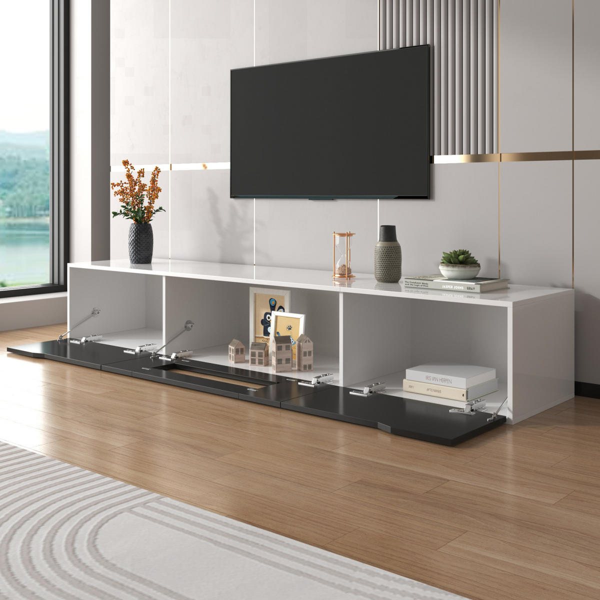 TV Lowboard LED, Hochglanz, Schwarz Weiß - Weiß, Holz (142/17/46cm)