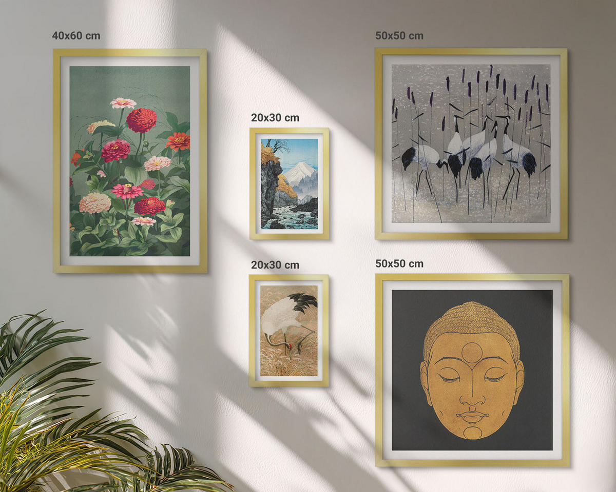 BILDER SET 5er Set - 50x50 cm & 20x30 cm & 40x60 cm Goldrahmen - Abstrakte Berge und Blumen Inspiration - Goldfarben, Kunststoff (40/60cm) - TULUP