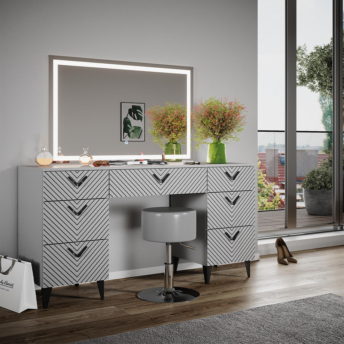 SCHMINKTISCH Anett Grau 150 cm mit LED Spiegel und Hocker - Grau, Holzwerkstoff (150/78.1/45cm) - Vicco