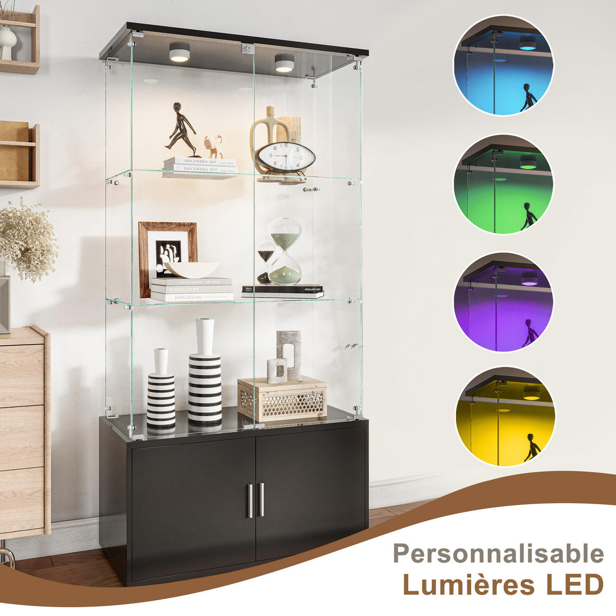 VITRINE Schwarz, LED, 4 Türen, 4 Böden, 2 verstellbare Böden - Schwarz, Holz (78/164/35cm)