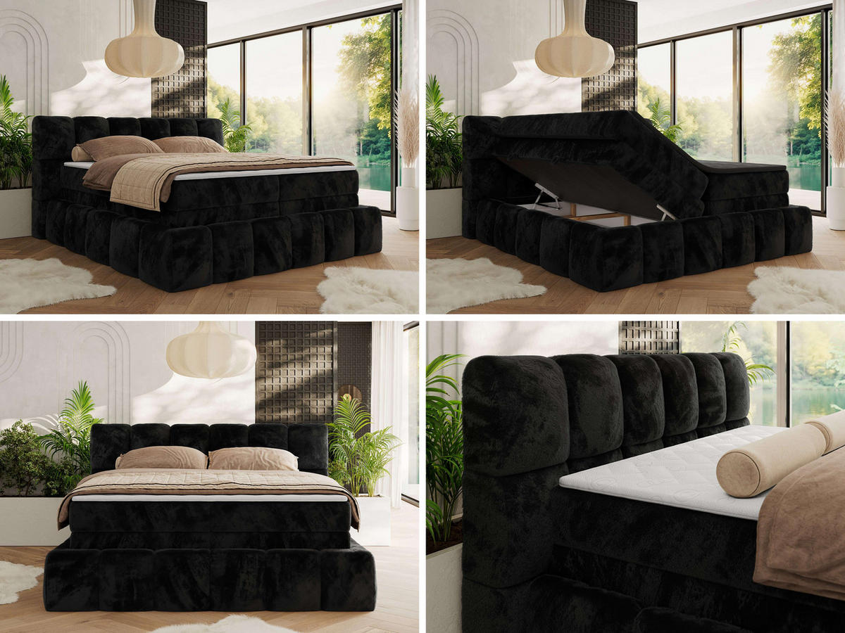 BOXSPRINGBETT NIRA KING 180/200 Schwarz Plüsch - H4 - Schwarz, Holz/Textil (180/200cm) - MKS