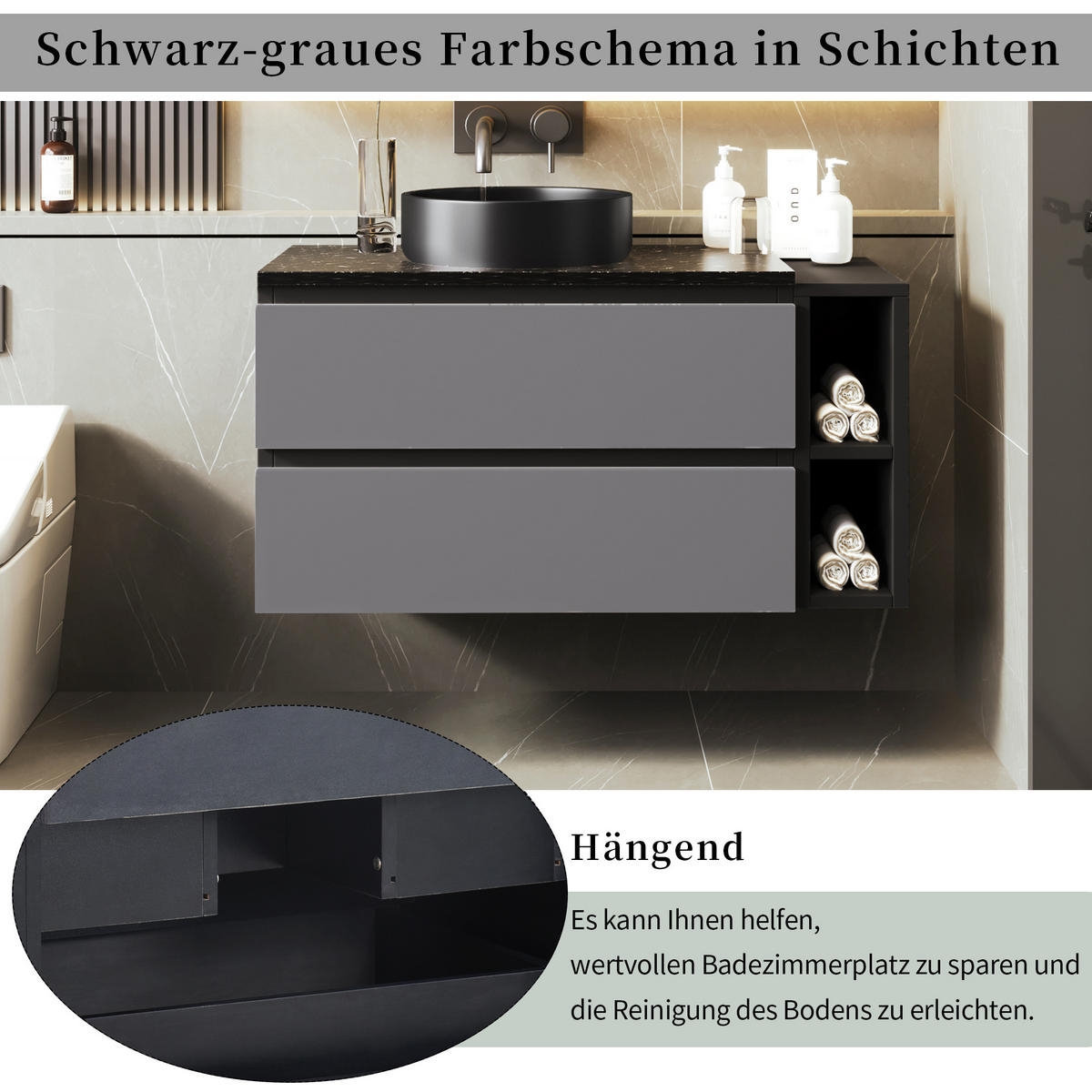 BADEZIMMERSCHRANK mit Marmorplatte 80x44x48.5 cm Schwarz mit rundem Becken & Schubladen - Schwarz, Holzwerkstoff (80/48.5/44cm) - Modfu