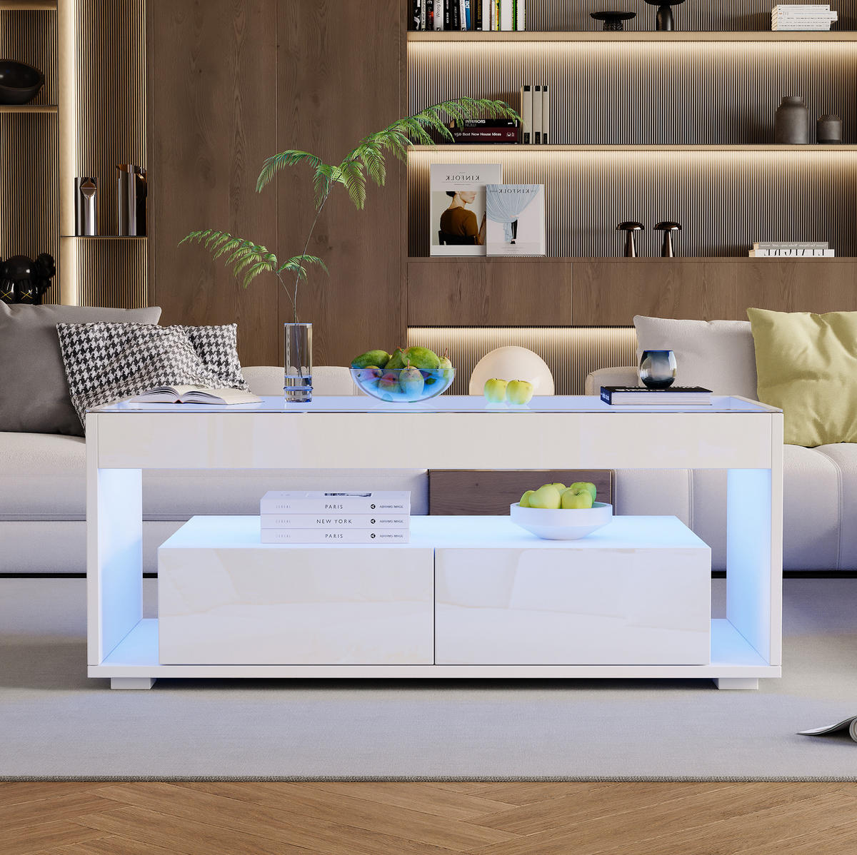 KONFERENČNÍ stolek, 100/50/40 cm bílý, s LED osvětlením a 2 zásuvkami - bílá, kompozitní dřevo (100/50/40cm) - BEAOK