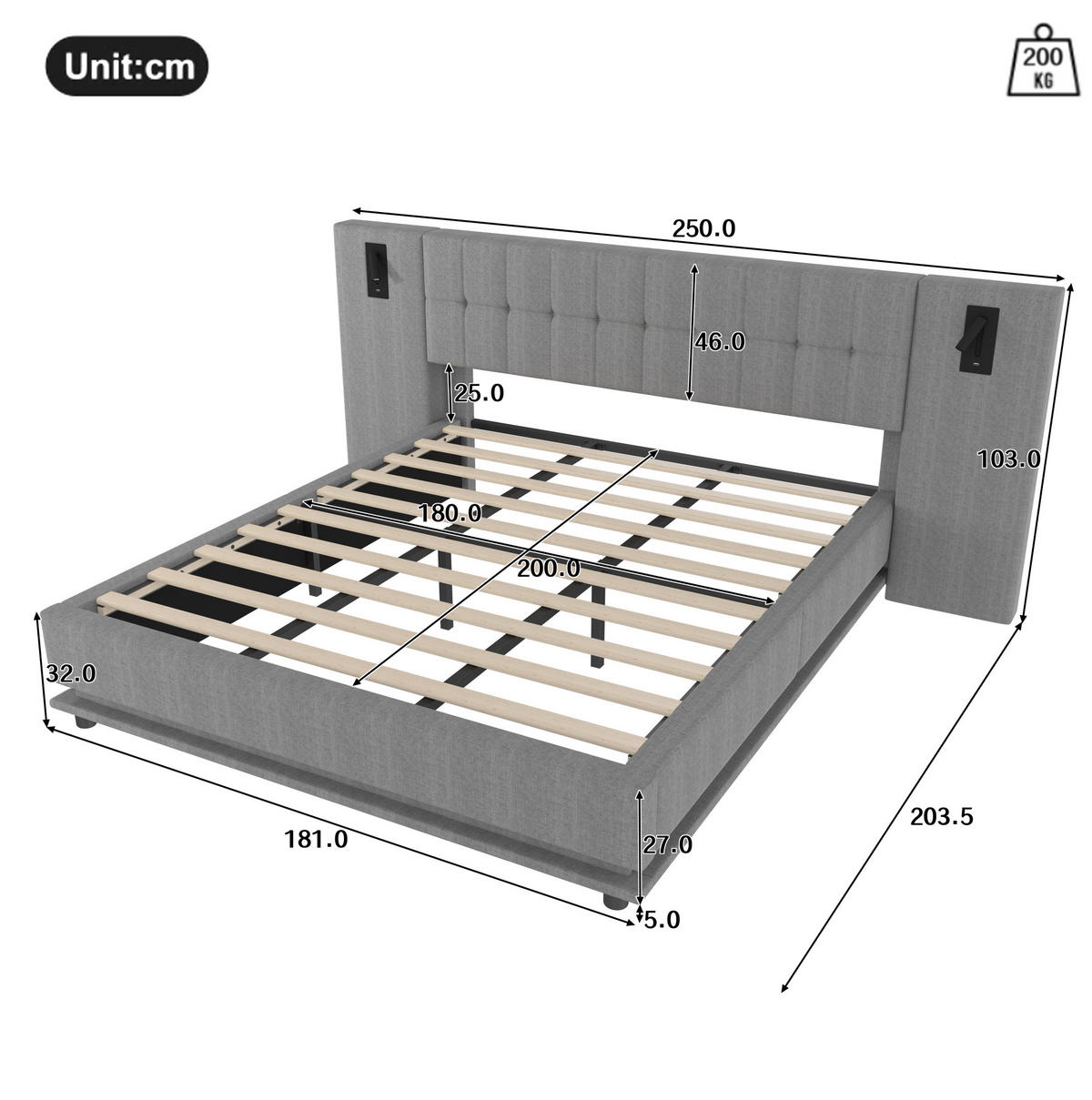 POLSTERBETT mit LED-Leiste und USB 180x200 cm Leinen Grau - Grau, Metall (180/200cm) - Meubliv