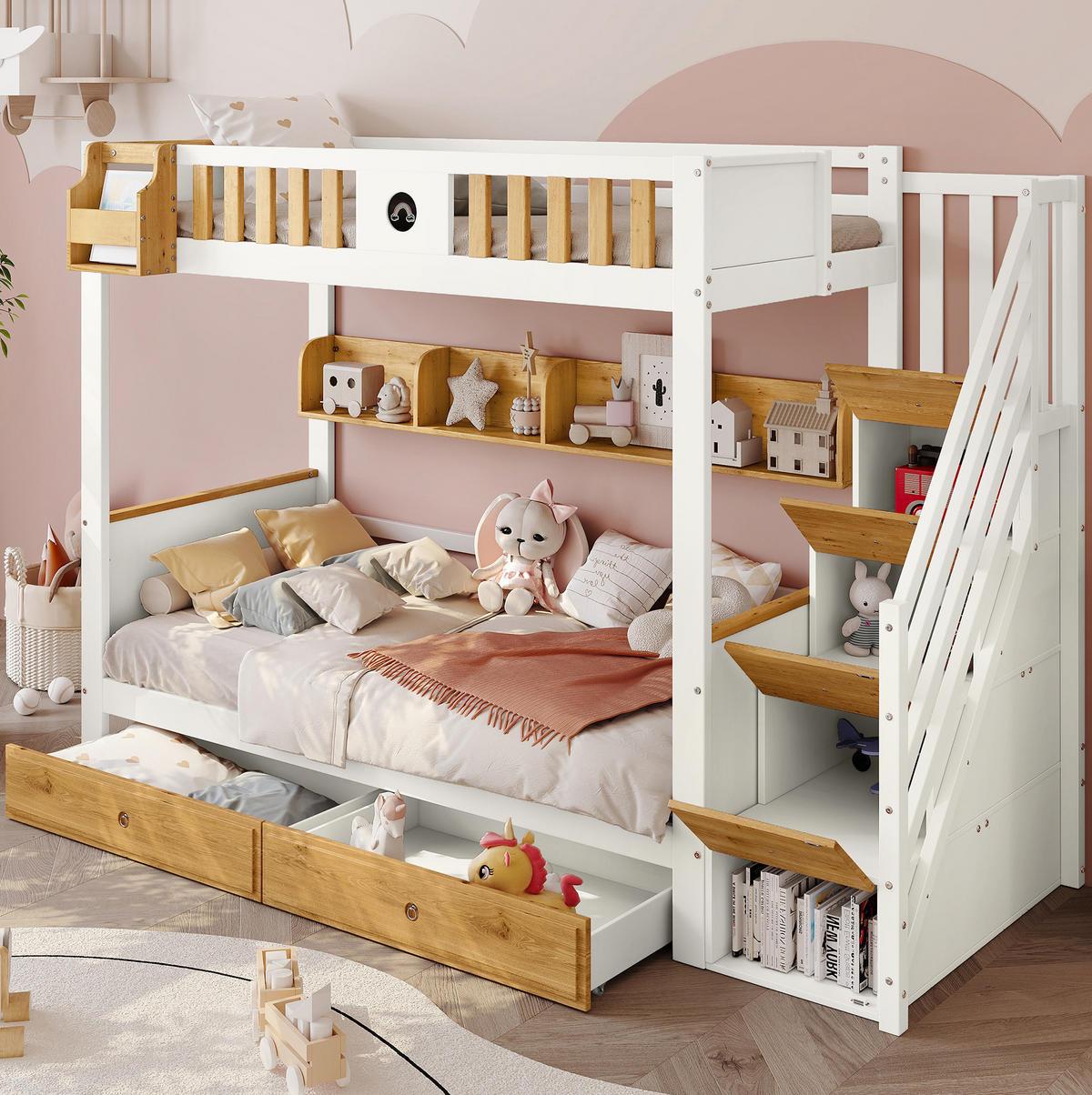 ETAGENBETT aus Kiefer und MDF 90x200 cm Weiß/Natur mit Stauraumtreppe, 2 Schubladen und Fallschutzgitter - Weiß, Holzwerkstoff (90/200cm) - Modfu