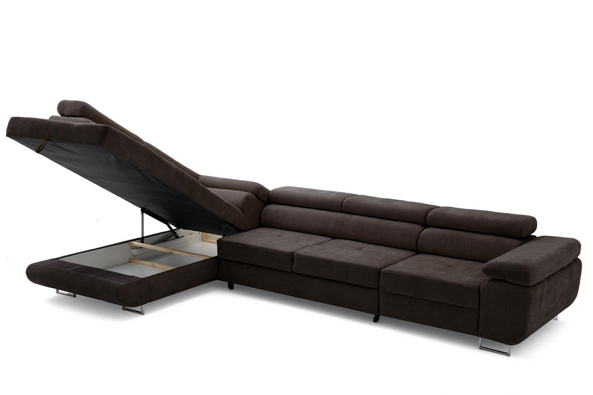 ECKSOFA WILD MAXI L Links mit Schlaffunktion 125x195 Chenille Dunkelbraun - Chromfarben/Dunkelbraun, Holz/Textil (350/203cm) - Muffo