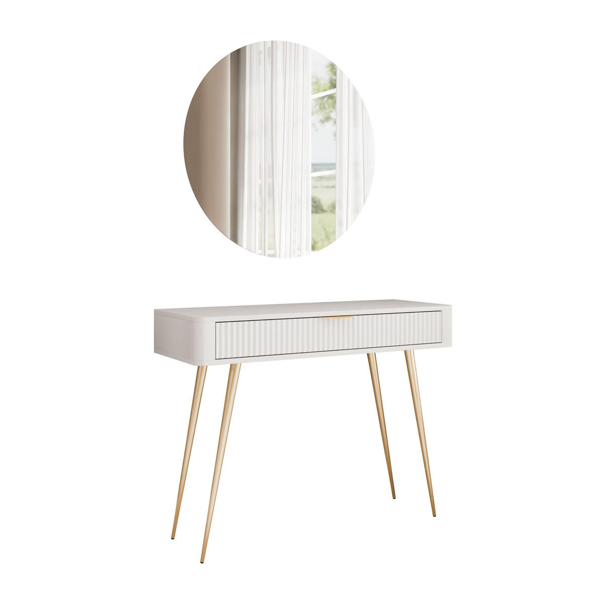 SCHMINKTISCH SCARLETT MIT RUNDEM LED-SPIEGEL BEIGE + GOLD - Beige, Holzwerkstoff (100/78/38cm) - Lookway