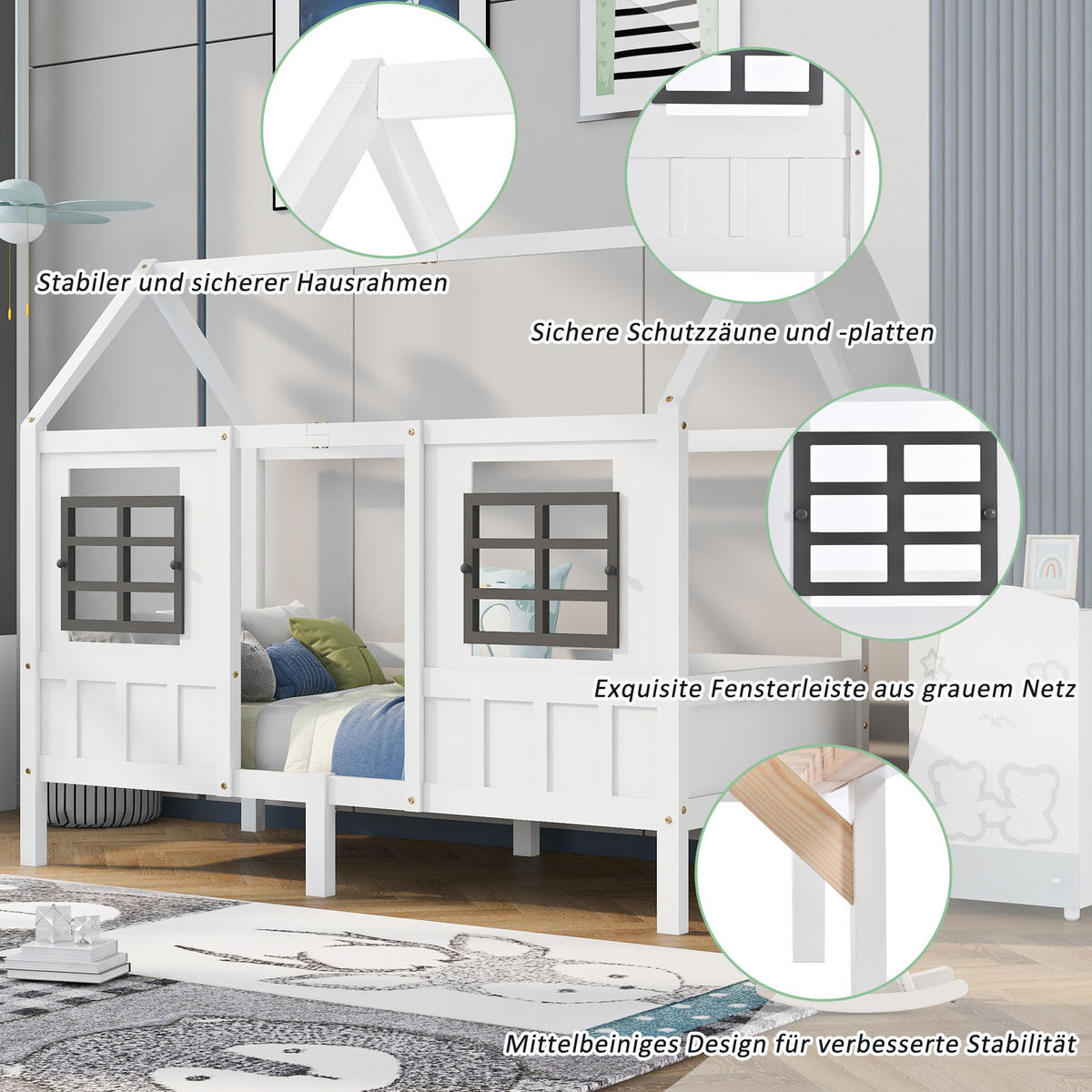 HAUSBETT 90/200 cm Weiß mit Fenstern und 2 Schubladen aus Kiefer und MDF - Weiß, Holz (90/200cm) - OKWISH