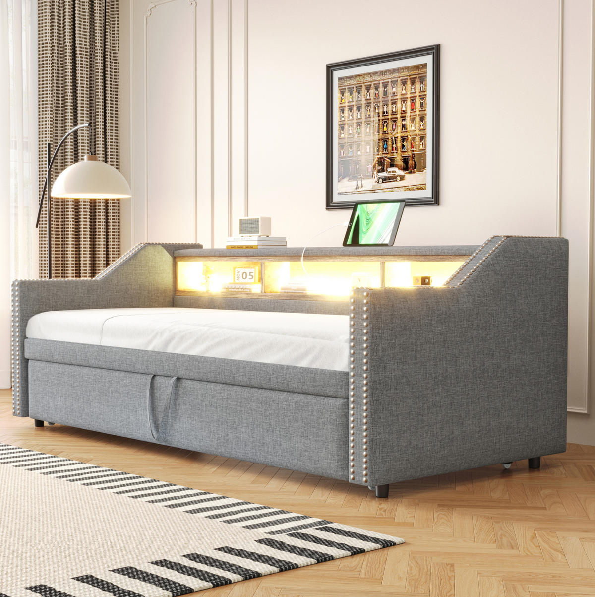 BETT aus Leinen 90/180x190 cm Hellgrau mit Ausziehbett, LED, USB und 3 Ablagefächern - Hellgrau, Textil (90/190cm) - Modfu