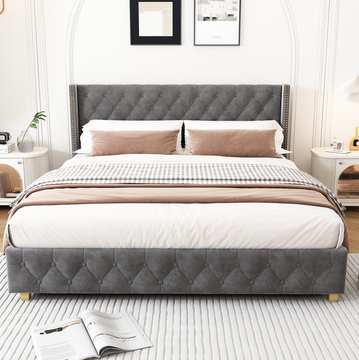 POLSTERBETT 160/200 cm Grau aus Samt mit Lattenrost und Knopfpolsterung - Grau, Textil (160/200cm) - OKWISH