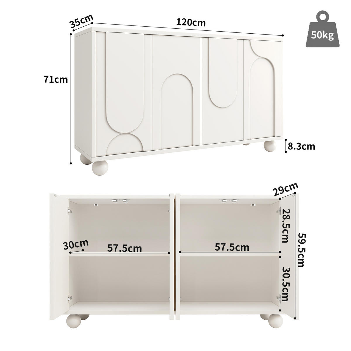 SIDEBOARD 120/35/71 cm mit verstellbarem Einlegeboden, Push-to-Close und Kippschutz, Weiß - Weiß, Holzwerkstoff (120/71/35cm) - Redom
