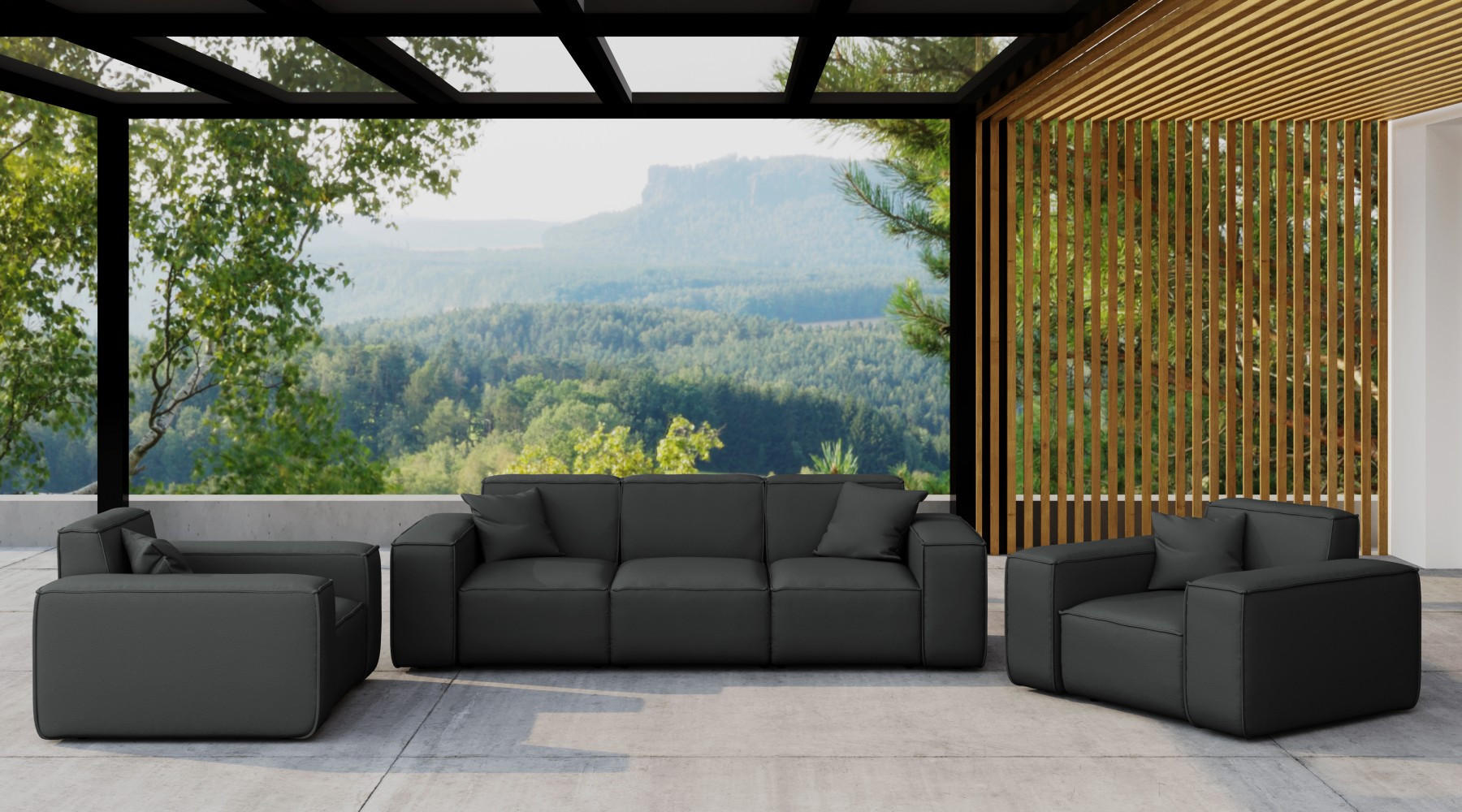 LOUNGEGARNITUR 3 1 1 Gartenmöbel, MALIBU Stoff Odyssey Schwarz - Schwarz, Holz - Kaiser Möbel
