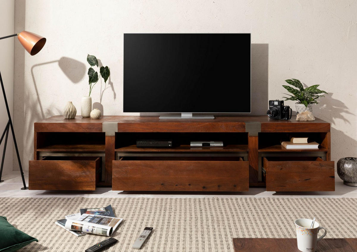 TV-BOARD Mango 250x48x55 braun lackiert Amsterdam #27 - Braun, Holz (250/55/48cm) - Massivmoebel24