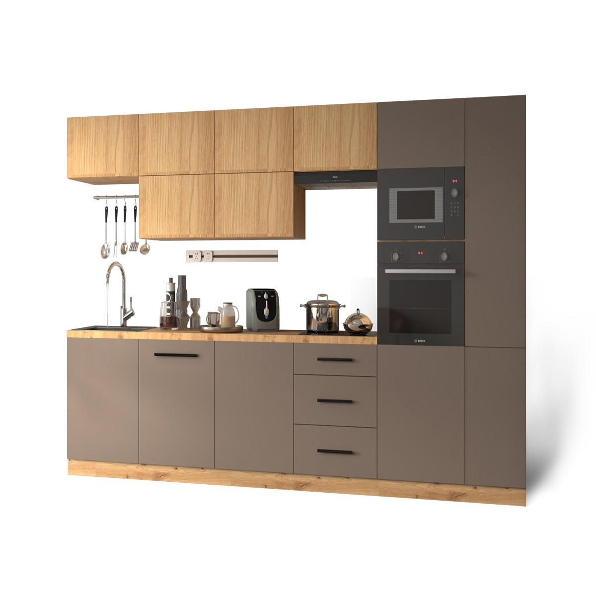 KÜCHENZEILE 240 - Langen KL3-M340 in Beige/Artisan Eiche - Beige/Schwarz, Holz (340/212/58cm)