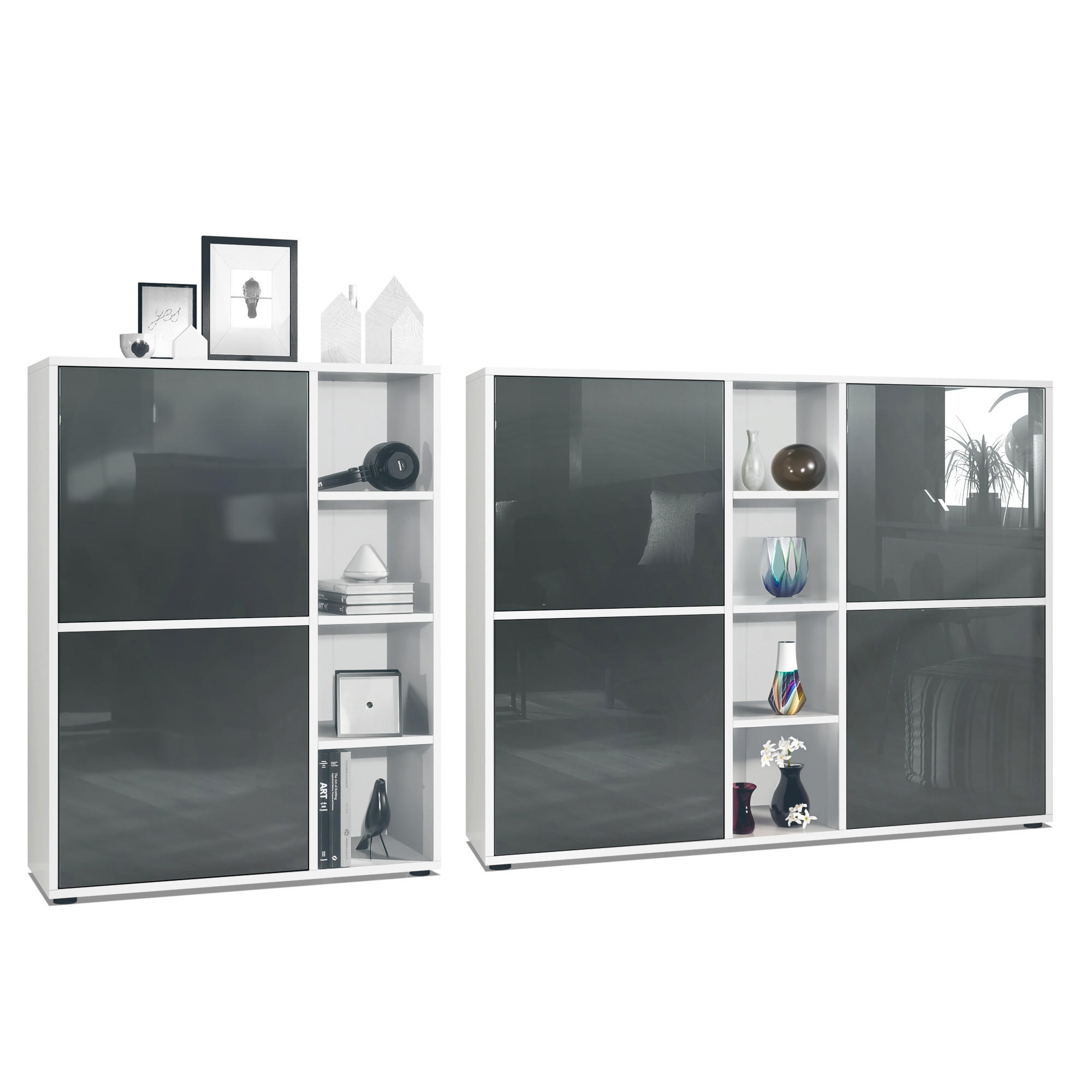 WOHNZIMMERSET Miami Grau Hochglanz - Grau, Holzwerkstoff (214.5/105.5/35.5cm) - Vladon