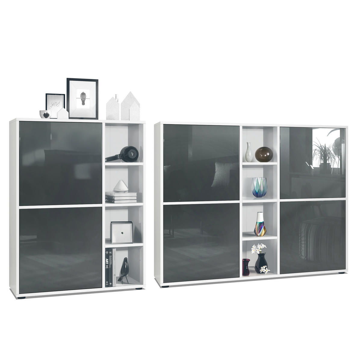 WOHNZIMMERSET Miami Grau Hochglanz - Grau, Holzwerkstoff (214.5/105.5/35.5cm) - Vladon
