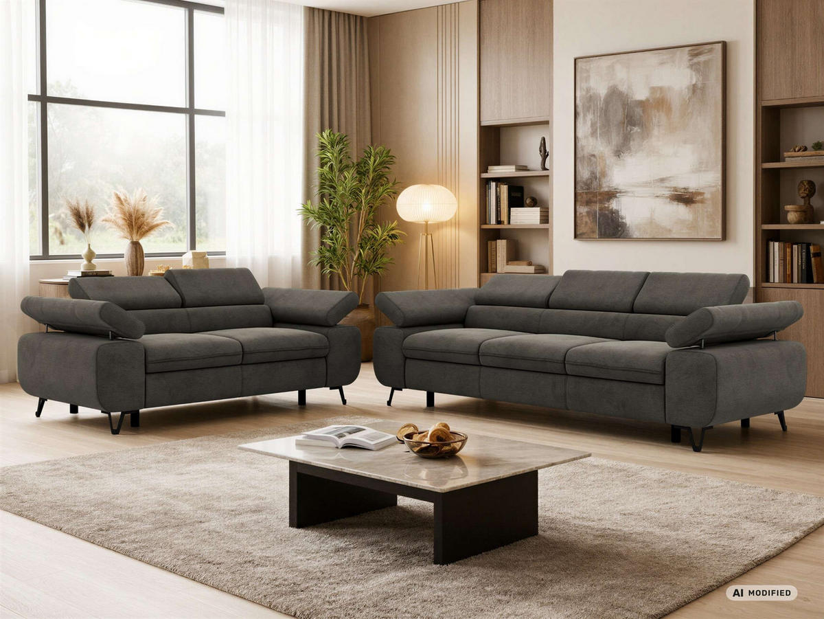SEDACÍ SOUPRAVA PETER 2+3 - Tmavě šedá Samet - černá/tmavě šedá, kov/textil (262/76/99cm) - MKS