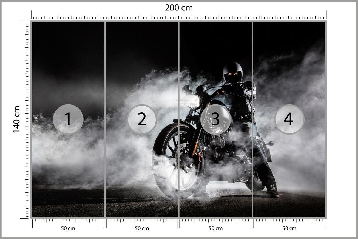 FOTOTAPETE für Jugendzimmer Motorrad Nebel Mann Straße Rauch Sport Action 200x140 - Schwarz/Weiß, Papier (200/140cm) - Muralo