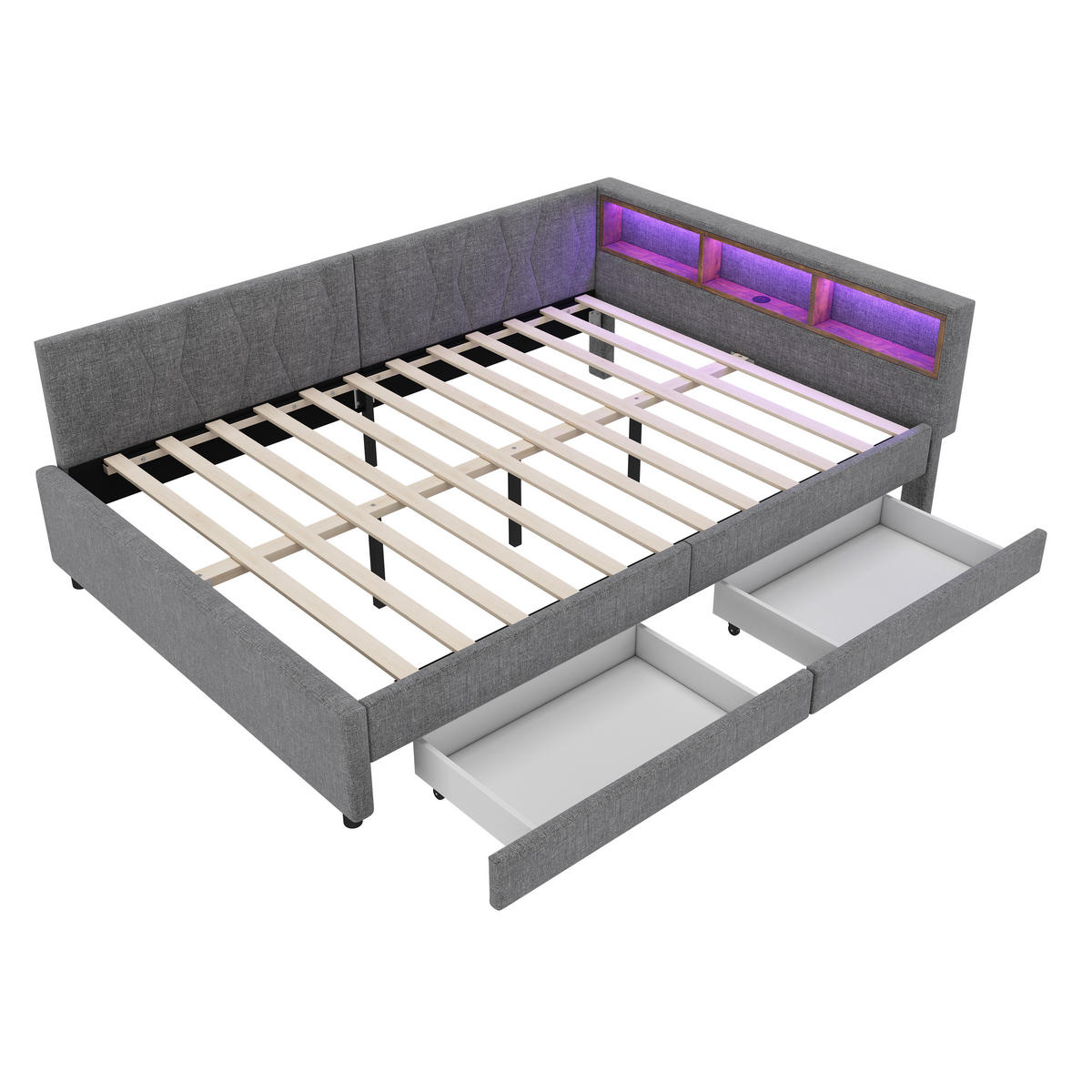 TAGEBETT 140x200cm Grau Leinen USB-C LED-Licht 2 Schubladen - Grau, Holz (140/200cm) - FLIEKS