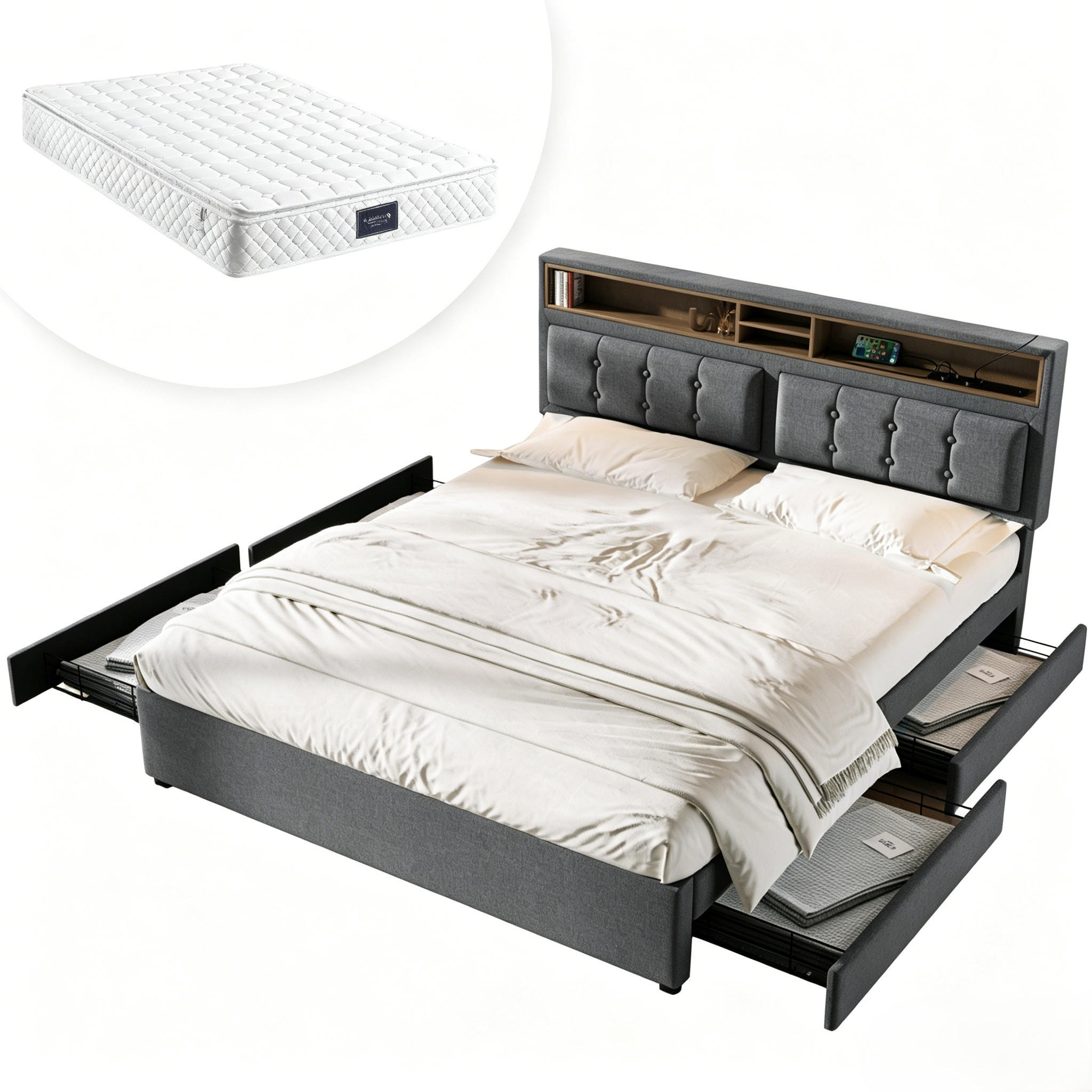 POLSTERBETT 4 Schubladen Höhenverstellbares Kopfteil 140*200cm - Grau, Textil (140/200cm)
