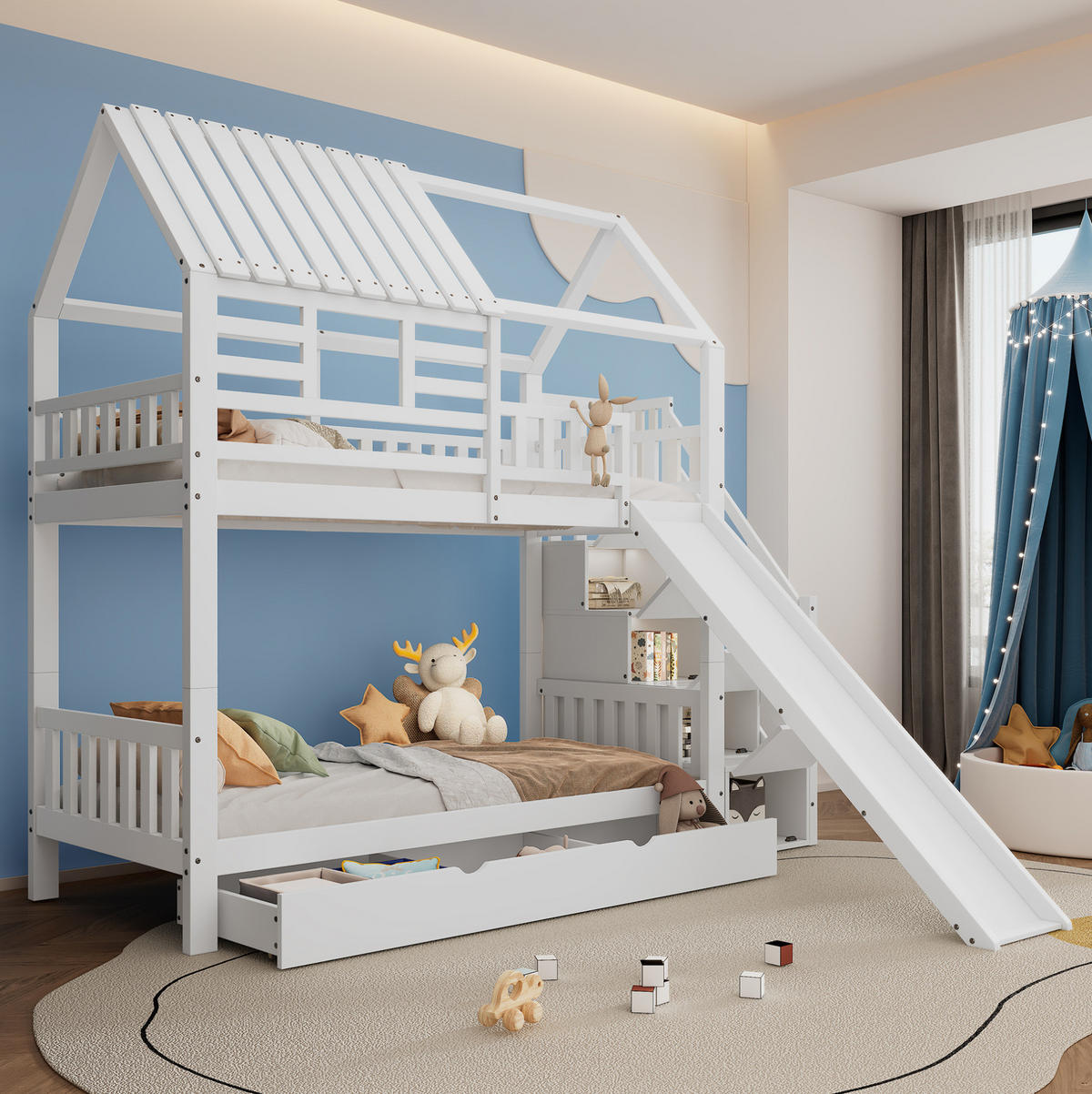 ETAGENBETT 90/200 cm in Weiß mit Treppe, Rutsche und Stauraum - Weiß, Holzwerkstoff (90/200cm) - OKMYHOME