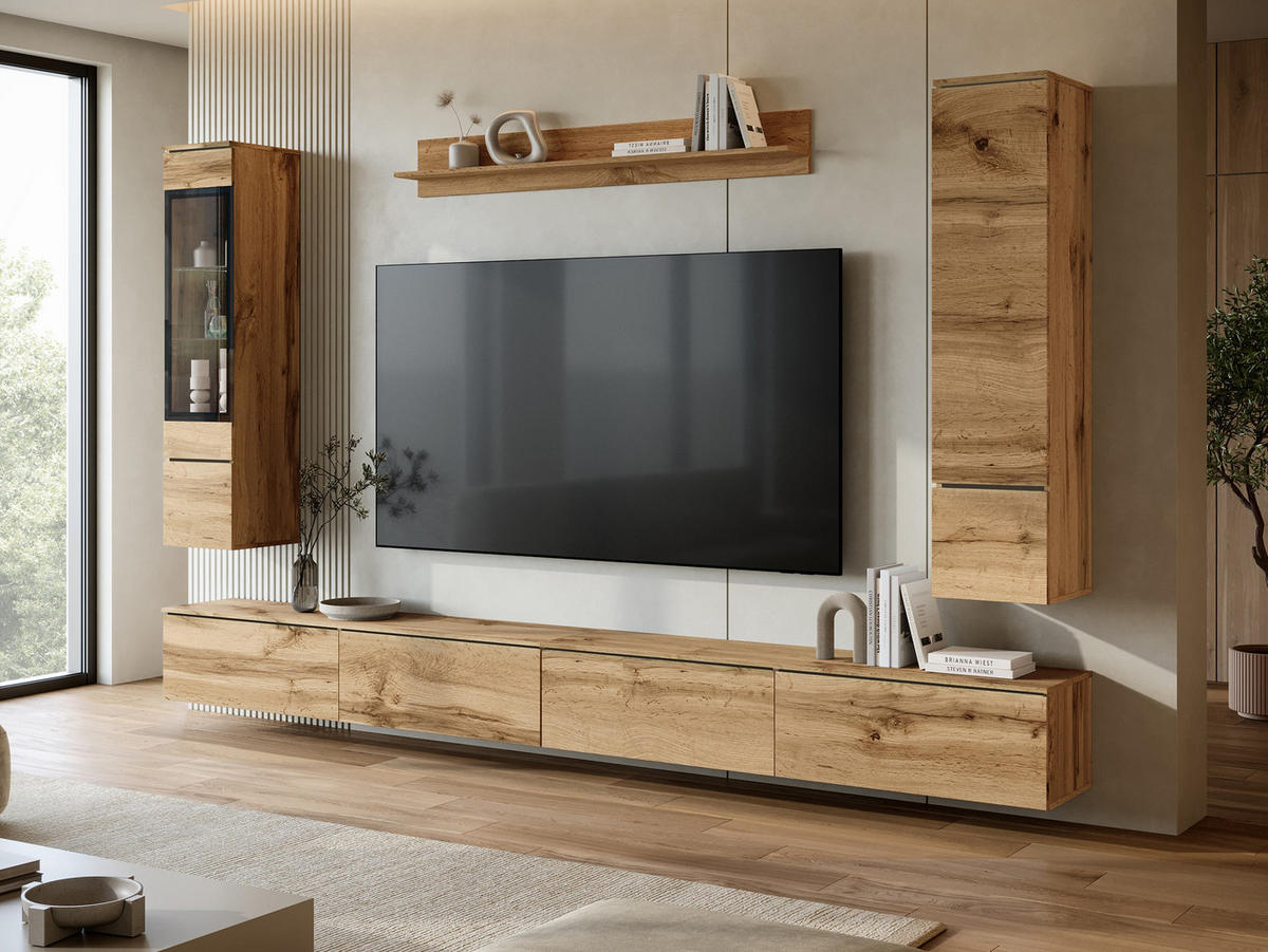 WOHNWAND Vera VIII mit weißer LED Beleuchtung - Silberfarben/Eiche Wotan, Holzwerkstoff/Kunststoff (300/130/33cm) - MIRJAN24