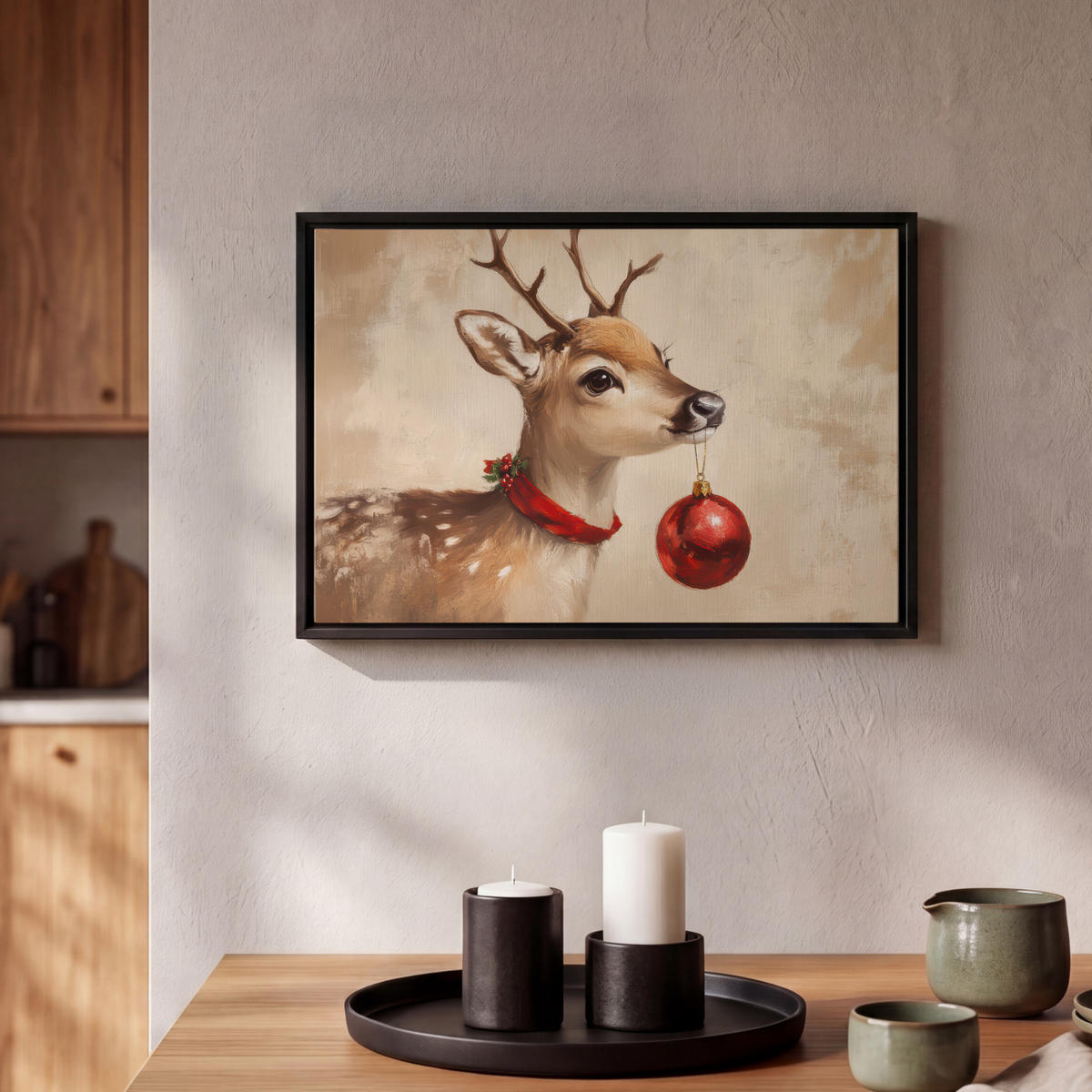 LEINWAND Bilder mit Rahmen - Weihnachten - Hirsch - Geweih - Weihnachtskugel - Rentier - 30x20 - Hellbraun, Textil (30/20cm) - MuchoWow